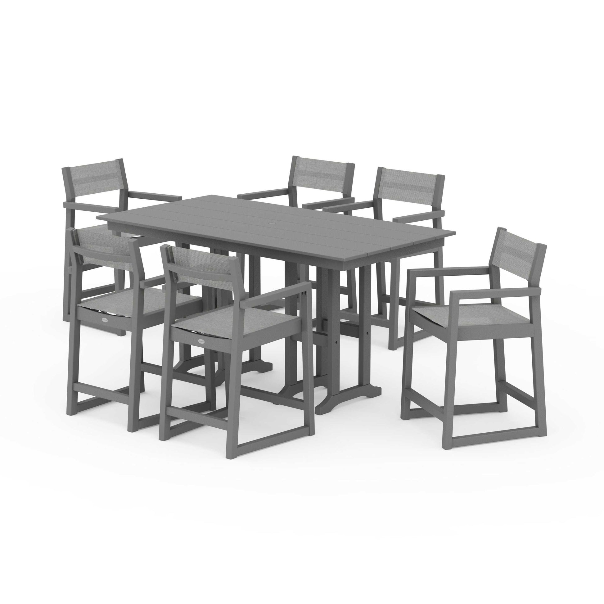 POLYWOOD EDGE Sling Arm Chair 7-Piece Farmhouse Counter Set — Slate Grey / Metallic Sling