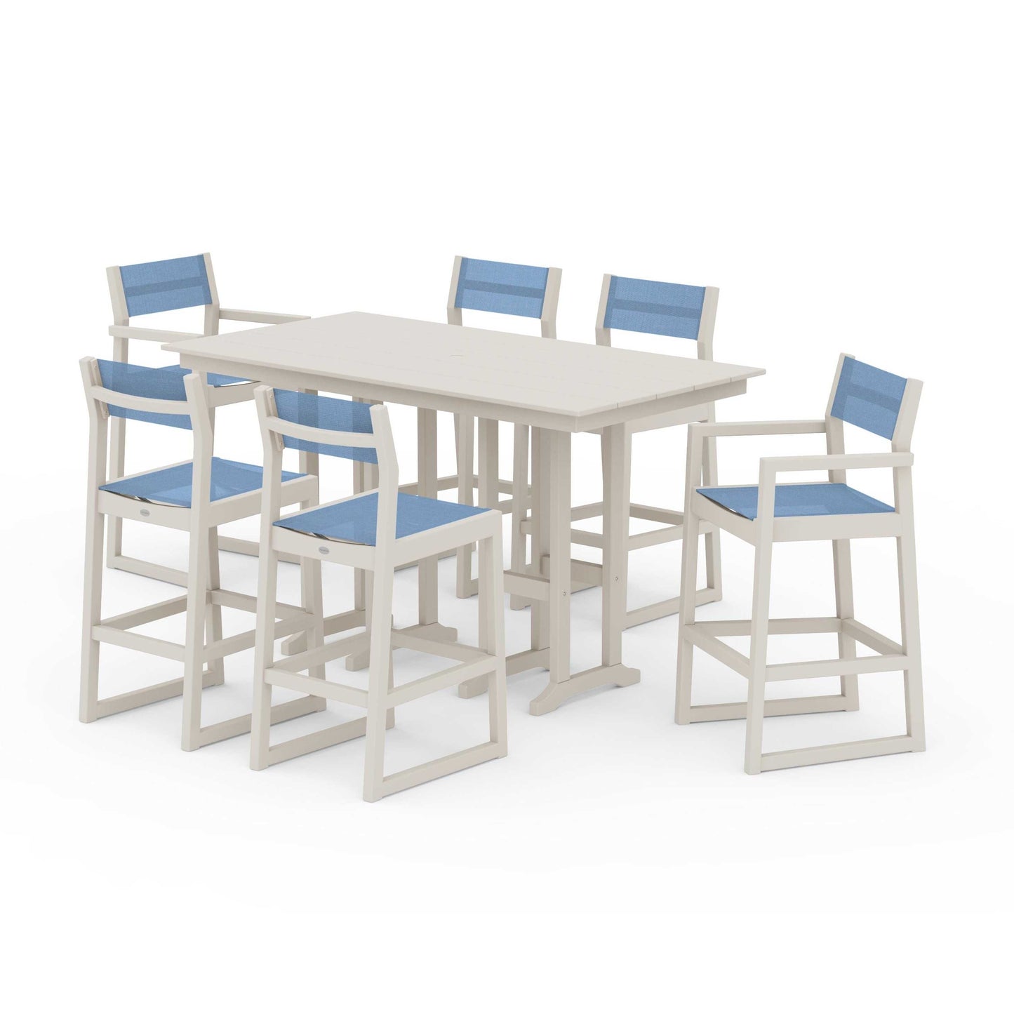 POLYWOOD EDGE Sling 7-Piece Farmhouse Bar Set — Sand / Poolside Sling