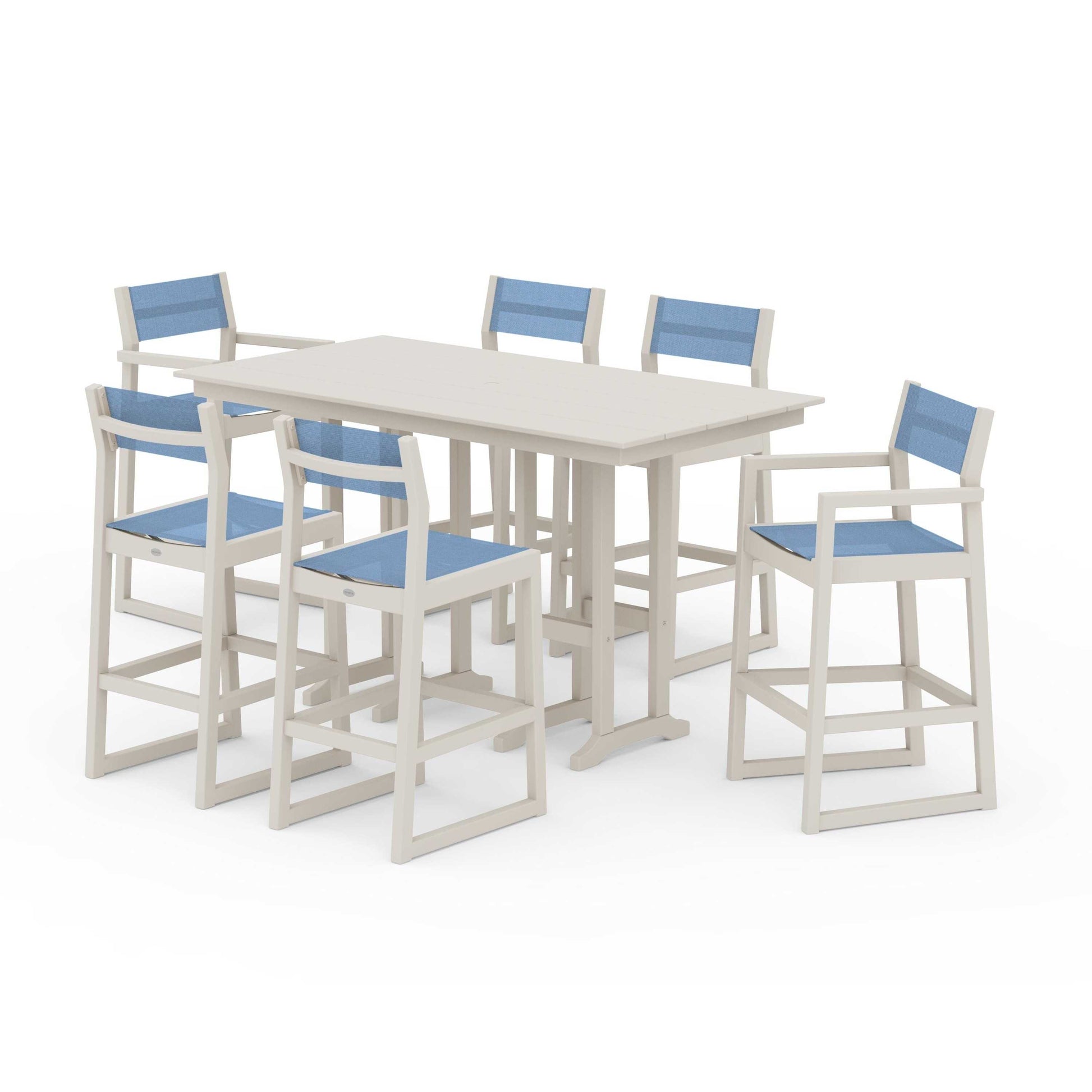POLYWOOD EDGE Sling 7-Piece Farmhouse Bar Set — Sand / Poolside Sling