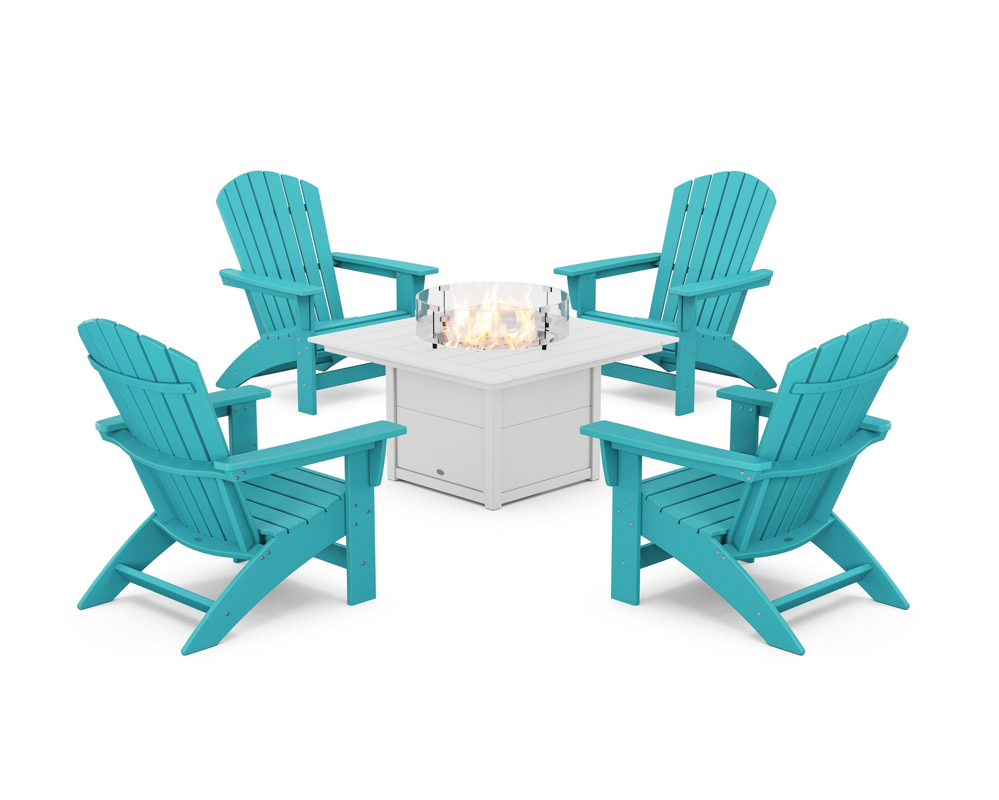 POLYWOOD 5-Piece Nautical Grand Adirondack Conversation Set with Fire Pit Table — Aruba / White