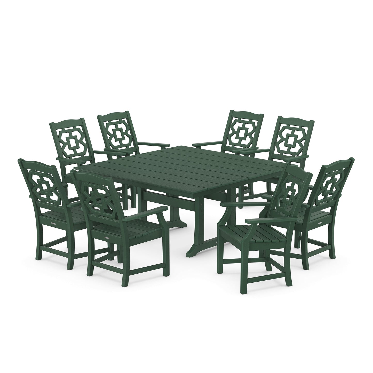 POLYWOOD Chinoiserie 9-Piece Square Farmhouse Dining Set with Trestle Legs — Green