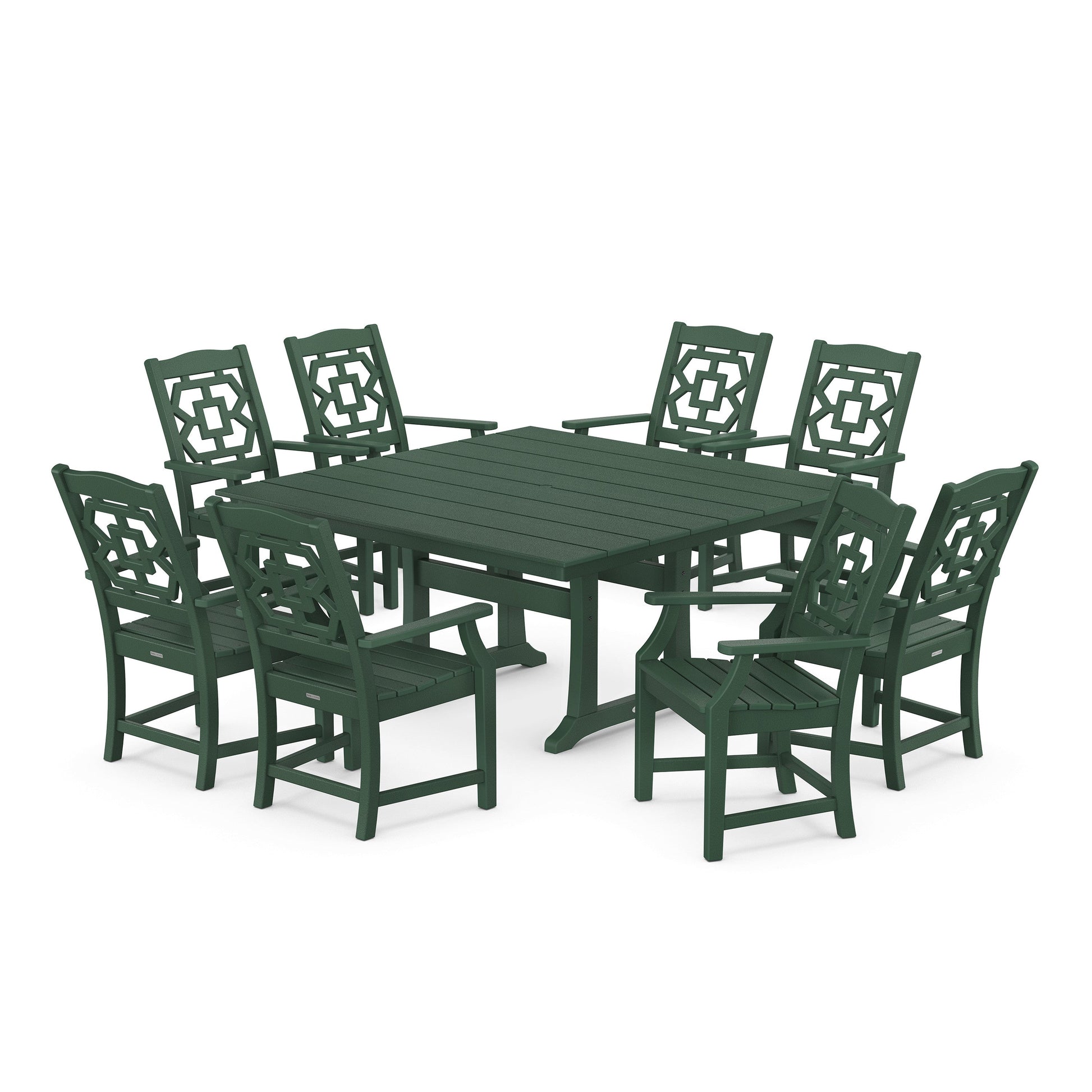 POLYWOOD Chinoiserie 9-Piece Square Farmhouse Dining Set with Trestle Legs — Green