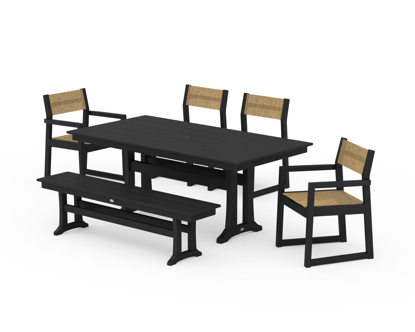 POLYWOOD EDGE Sling 6-Piece Farmhouse Dining Set With Trestle Legs — Black / Burlap Sling