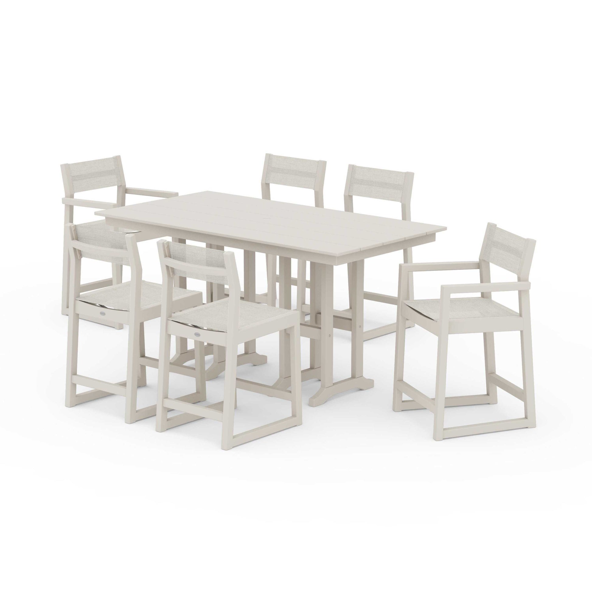 POLYWOOD EDGE Sling 7-Piece Farmhouse Counter Set with Trestle Legs — Sand / Parchment Sling