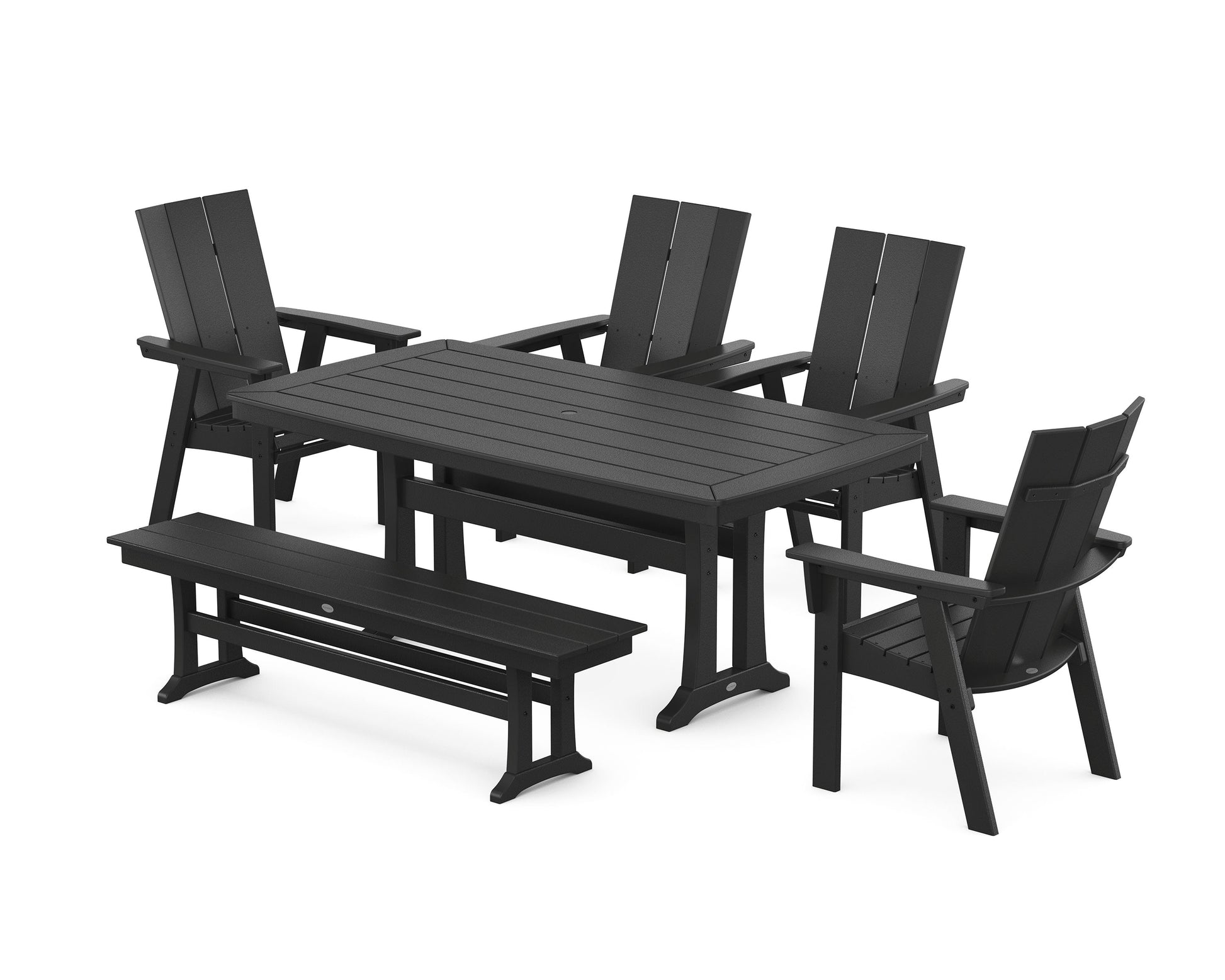 POLYWOOD Modern Curveback Adirondack 6-Piece Farmhouse Dining Set with Trestle Legs and Bench — Black