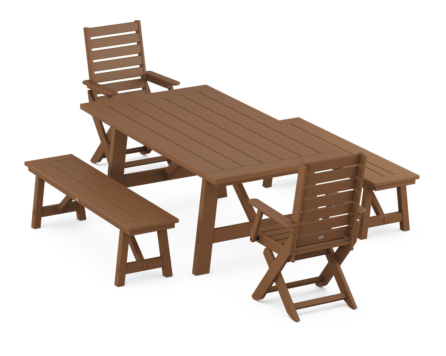 POLYWOOD Captain Folding Chair 5-Piece Rustic Farmhouse Dining Set With Benches — Teak