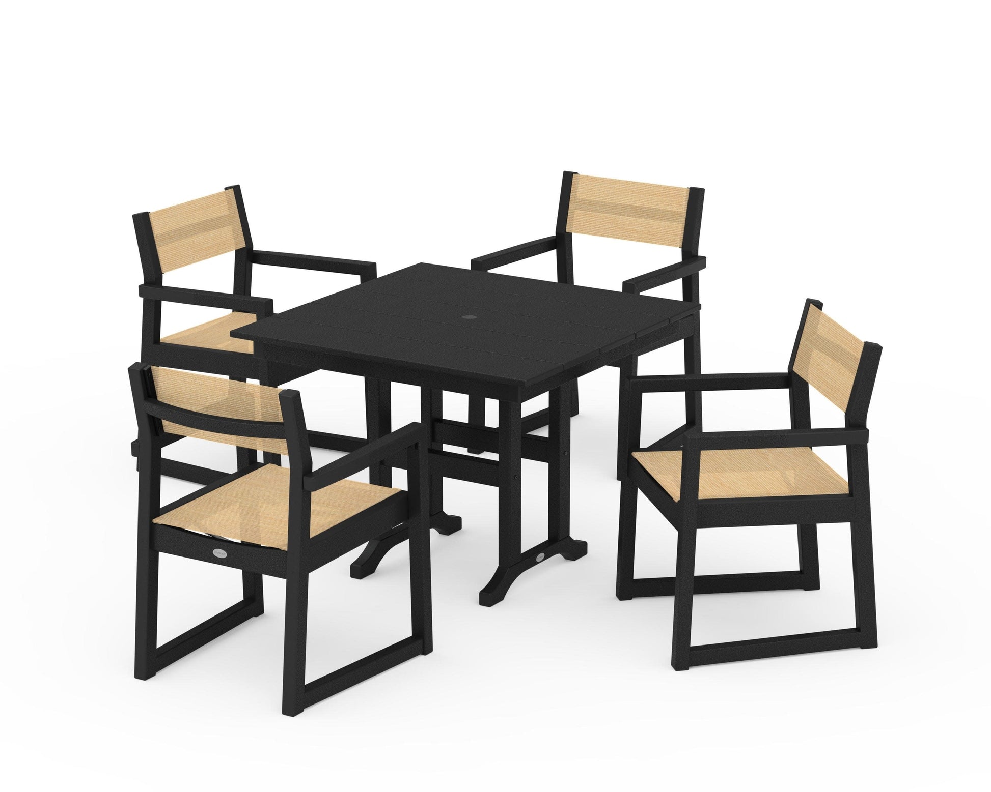 POLYWOOD EDGE Sling Arm Chair 5-Piece Farmhouse Dining Set — Black / Dupioni Apricot Sling