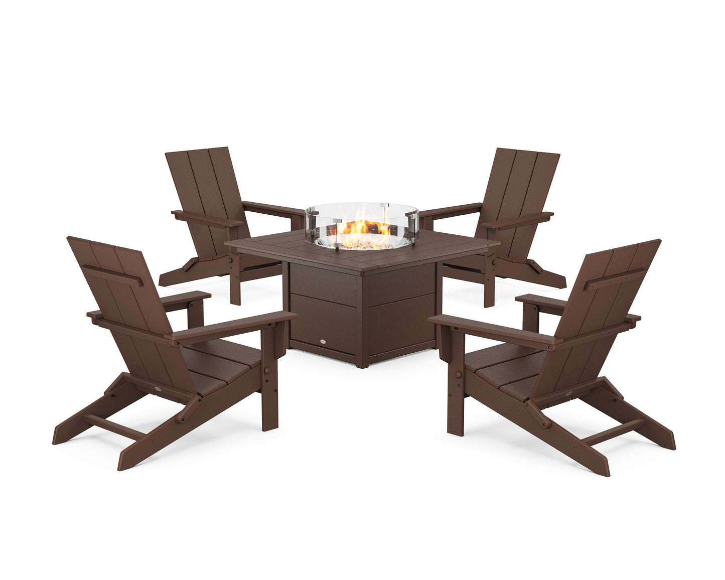POLYWOOD 5-Piece Modern Studio Folding Adirondack Conversation Set with Fire Pit Table — Mahogany