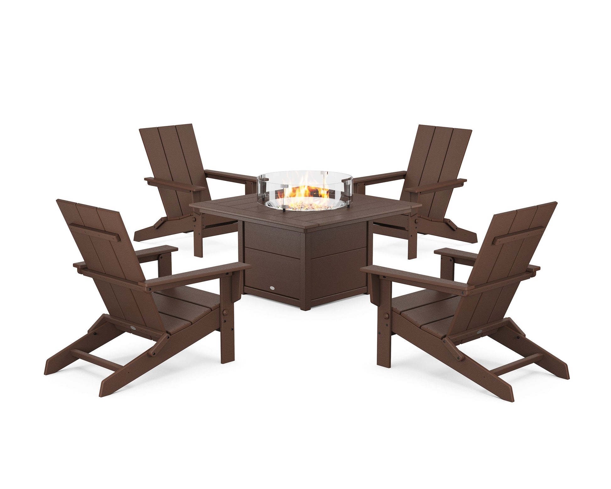 POLYWOOD 5-Piece Modern Studio Folding Adirondack Conversation Set with Fire Pit Table — Mahogany