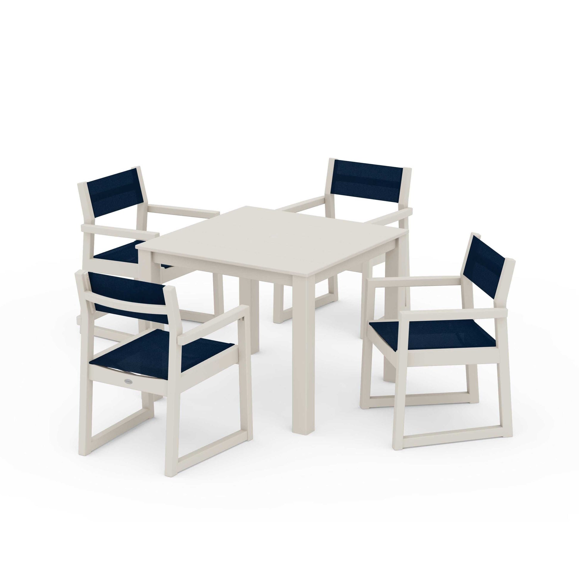 POLYWOOD EDGE Sling Arm Chair 5-Piece Parsons Dining Set — Sand / Navy Blue Sling