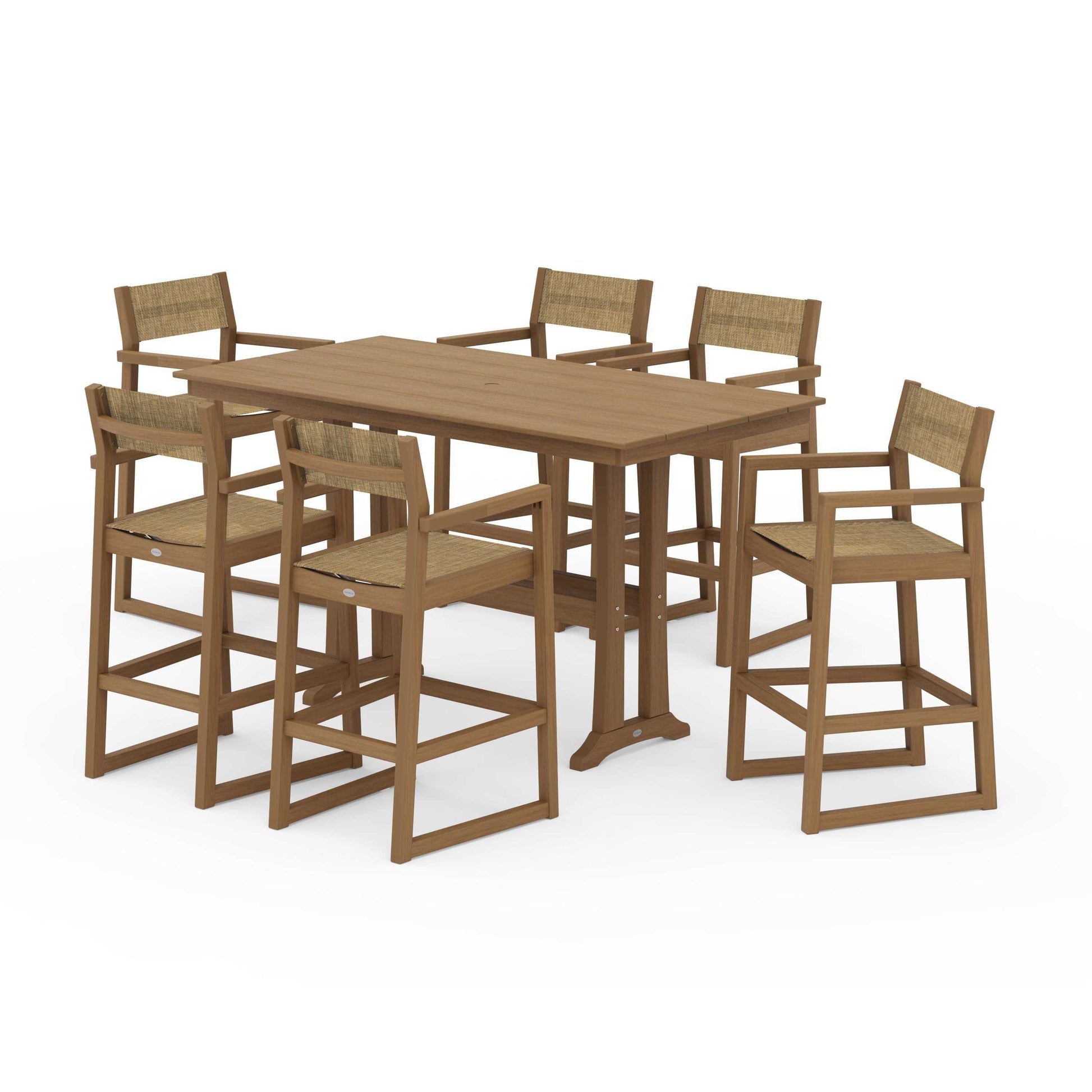 POLYWOOD EDGE Sling Arm Chair 7-Piece Farmhouse Bar Set with Trestle Legs — Natural / Burlap Sling