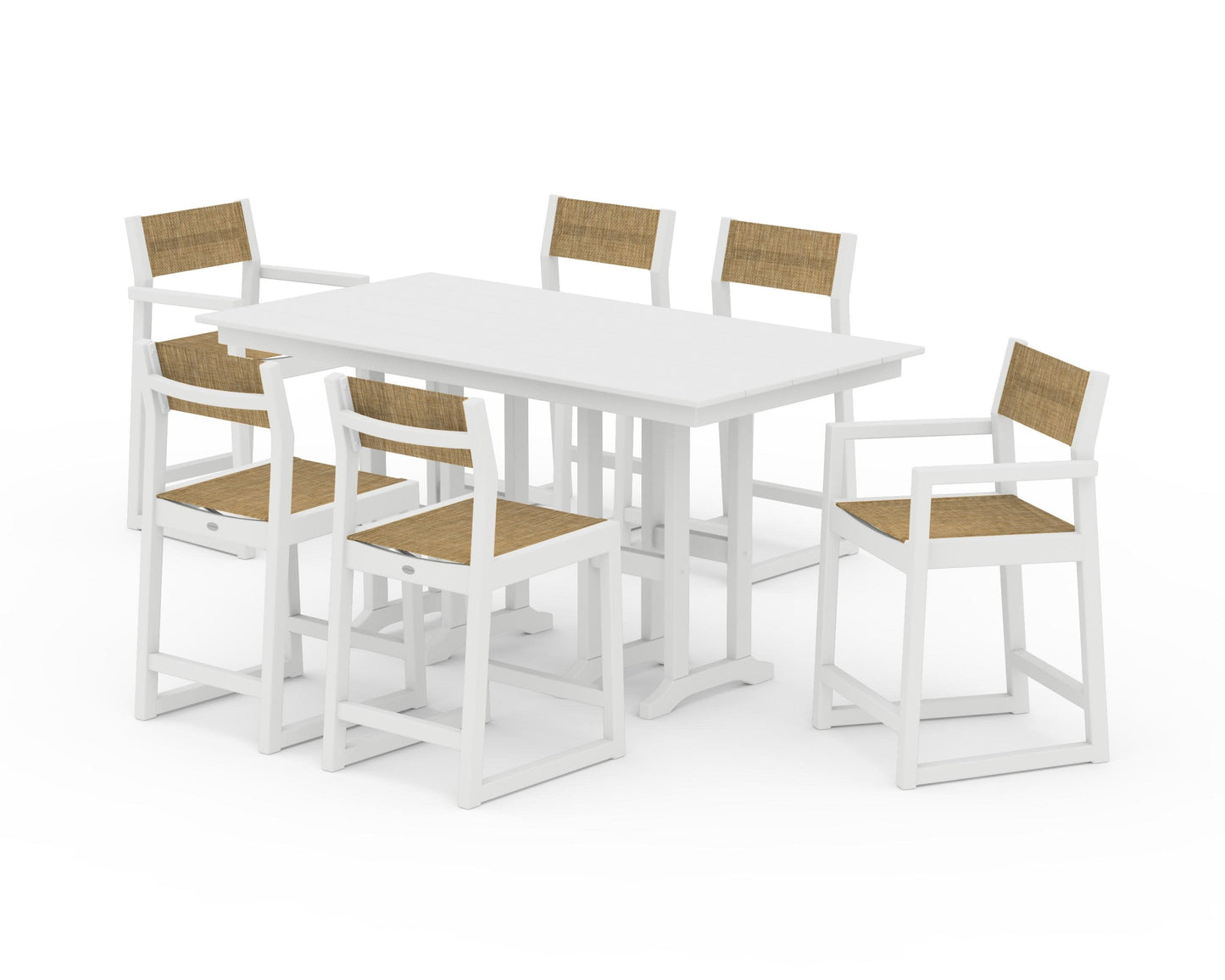 POLYWOOD EDGE Sling 7-Piece Farmhouse Counter Set with Trestle Legs — White / Burlap Sling