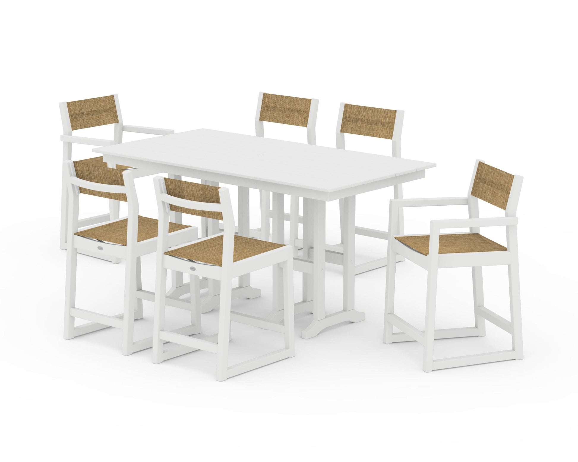 POLYWOOD EDGE Sling 7-Piece Farmhouse Counter Set with Trestle Legs — White / Burlap Sling