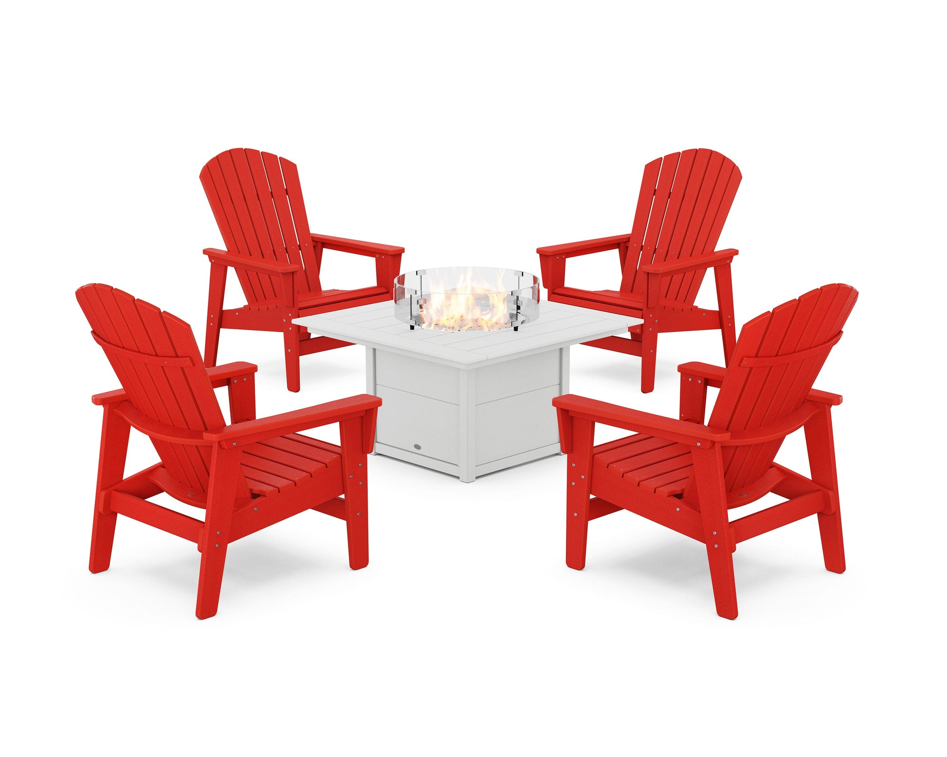 POLYWOOD 5-Piece Nautical Grand Upright Adirondack Conversation Set with Fire Pit Table — Sunset Red / White