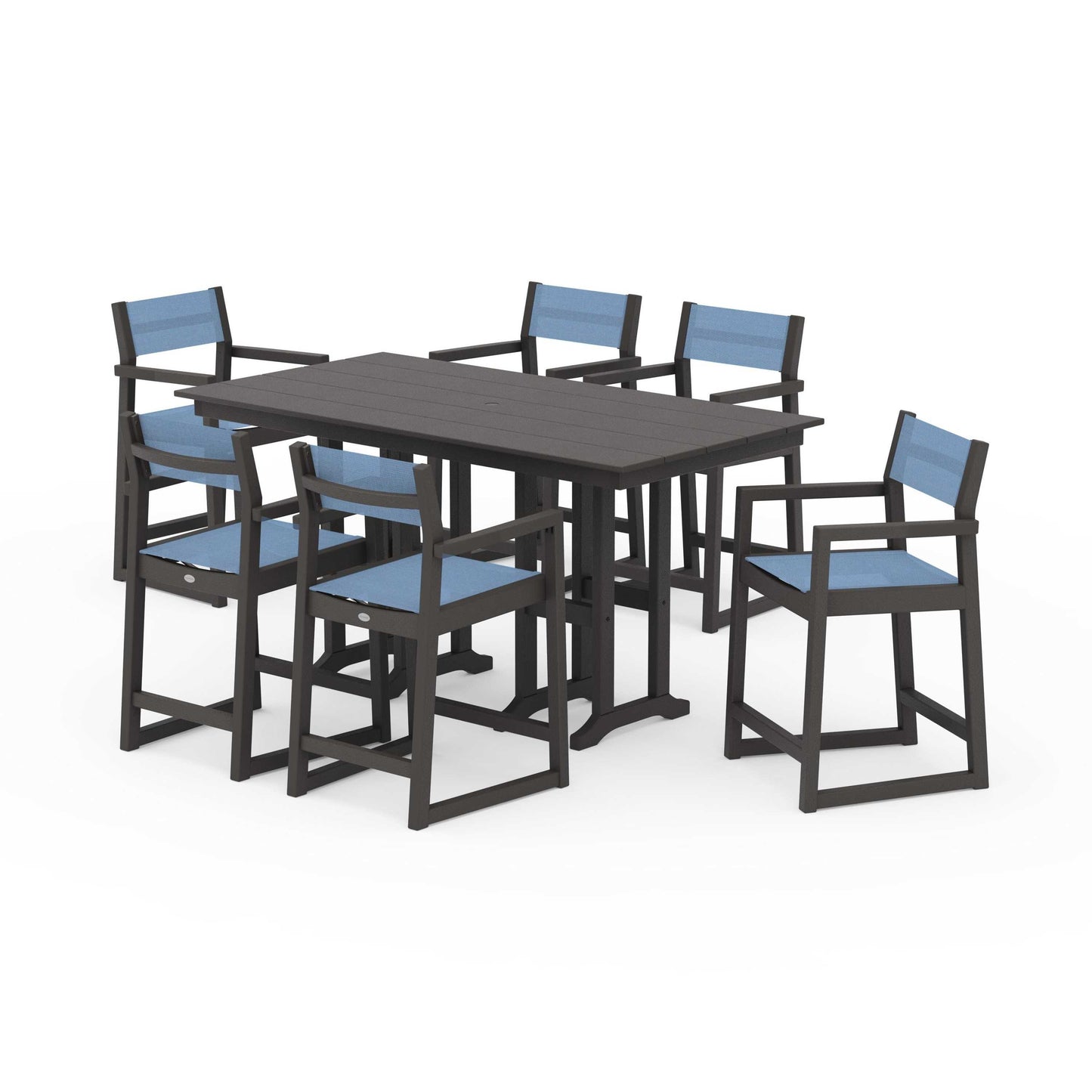 POLYWOOD EDGE Sling Arm Chair 7-Piece Farmhouse Counter Set — Vintage Coffee / Poolside Sling