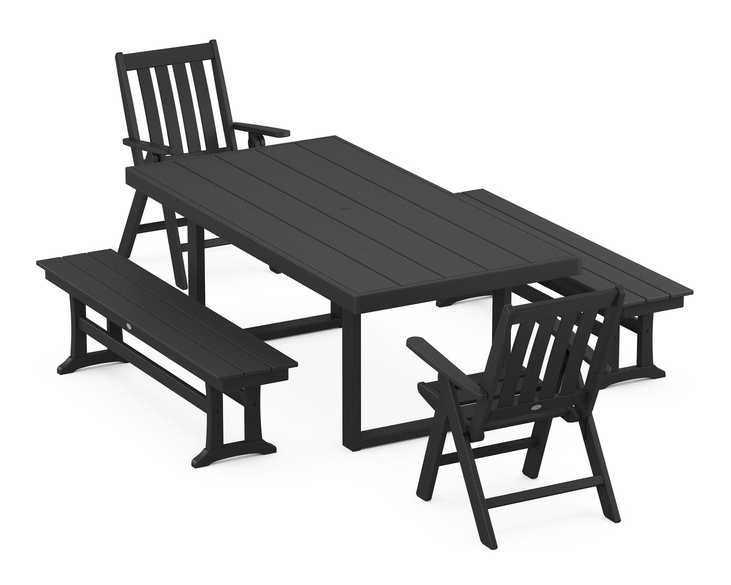 POLYWOOD Vineyard Folding Chair 5-Piece Dining Set with Benches — Black