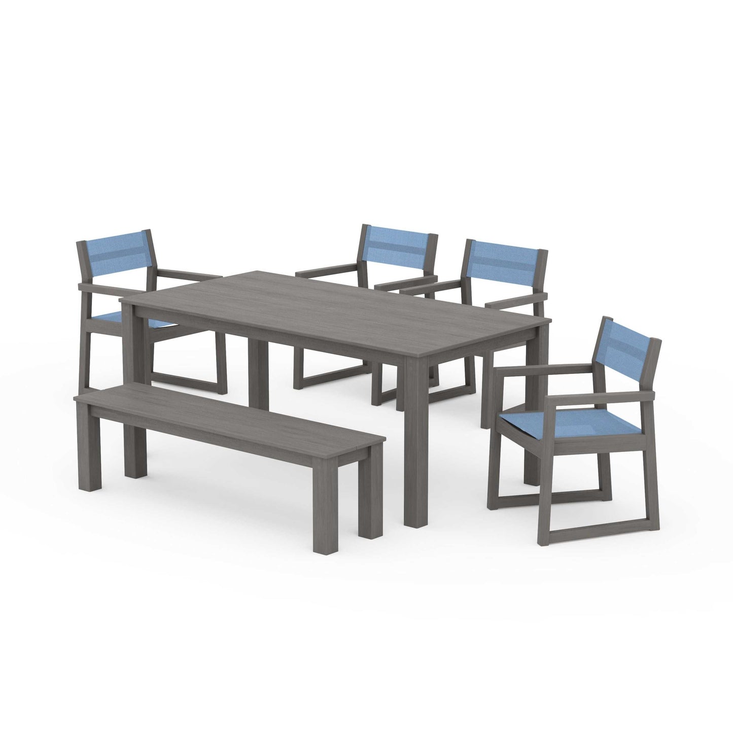 POLYWOOD EDGE Sling Arm Chair 6-Piece Parsons Dining Set with Bench — Driftwood / Poolside Sling