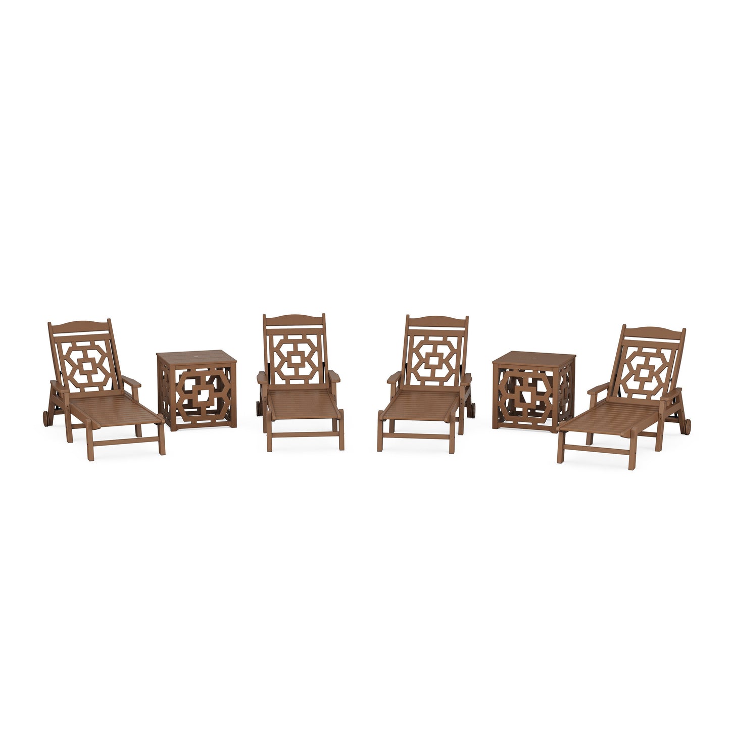 POLYWOOD Chinoiserie 6-Piece Chaise Set with Umbrella Stand Accent Table — Teak