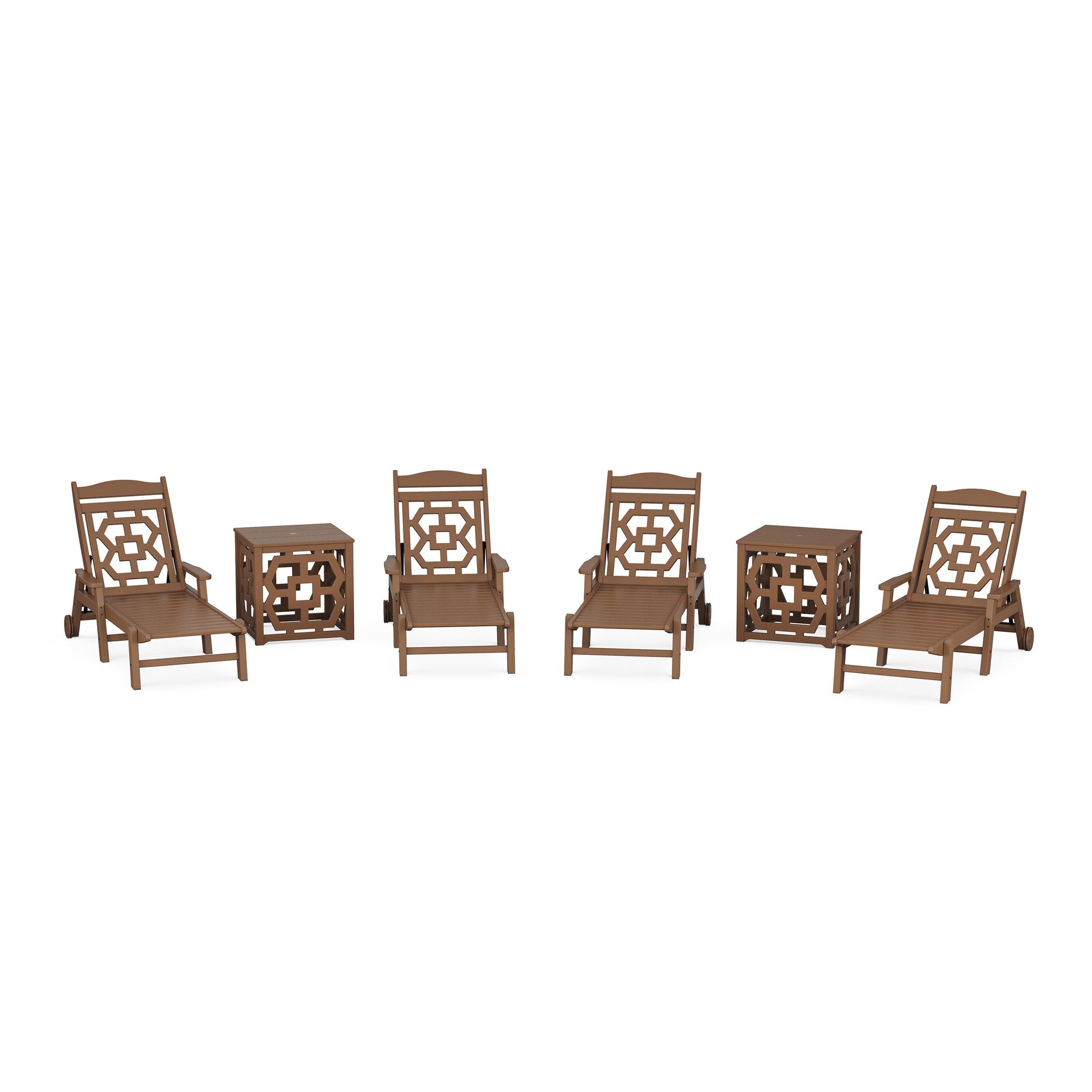 POLYWOOD Chinoiserie 6-Piece Chaise Set with Umbrella Stand Accent Table — Teak