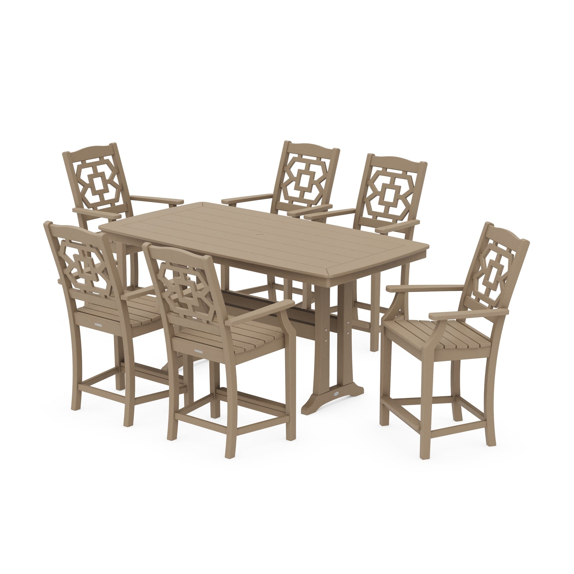 POLYWOOD Chinoiserie Arm Chair 7-Piece Counter Set with Trestle Legs — Vintage Sahara