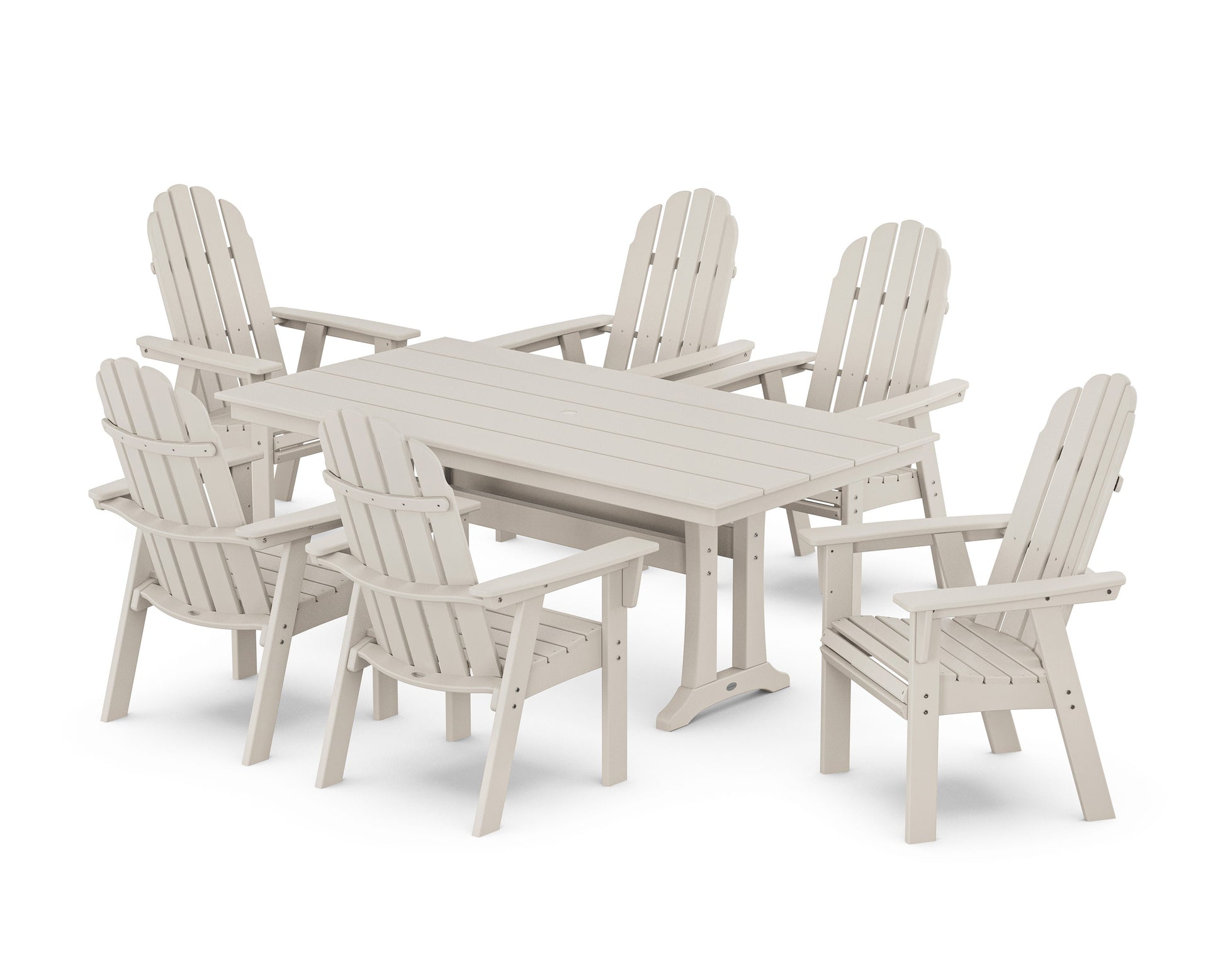 POLYWOOD Vineyard Curveback Adirondack Chair 7-Piece Farmhouse Dining Set with Trestle Legs — Sand