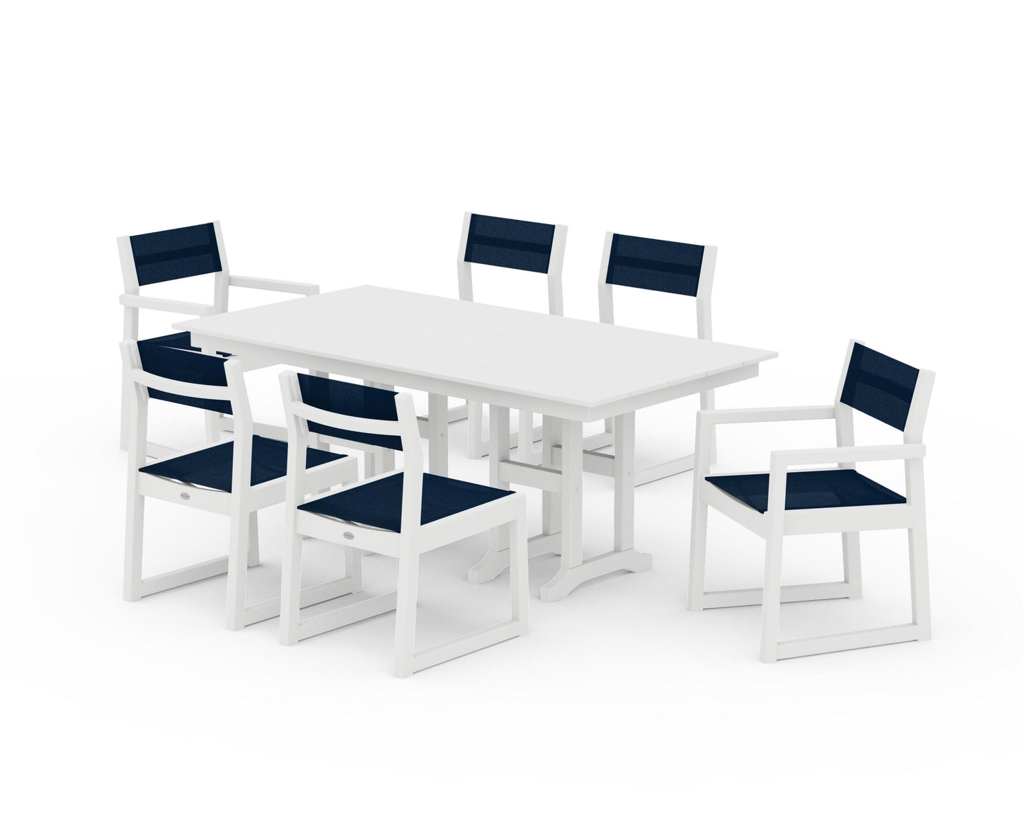 POLYWOOD EDGE Sling 7-Piece Farmhouse Dining Set — White / Navy Blue Sling