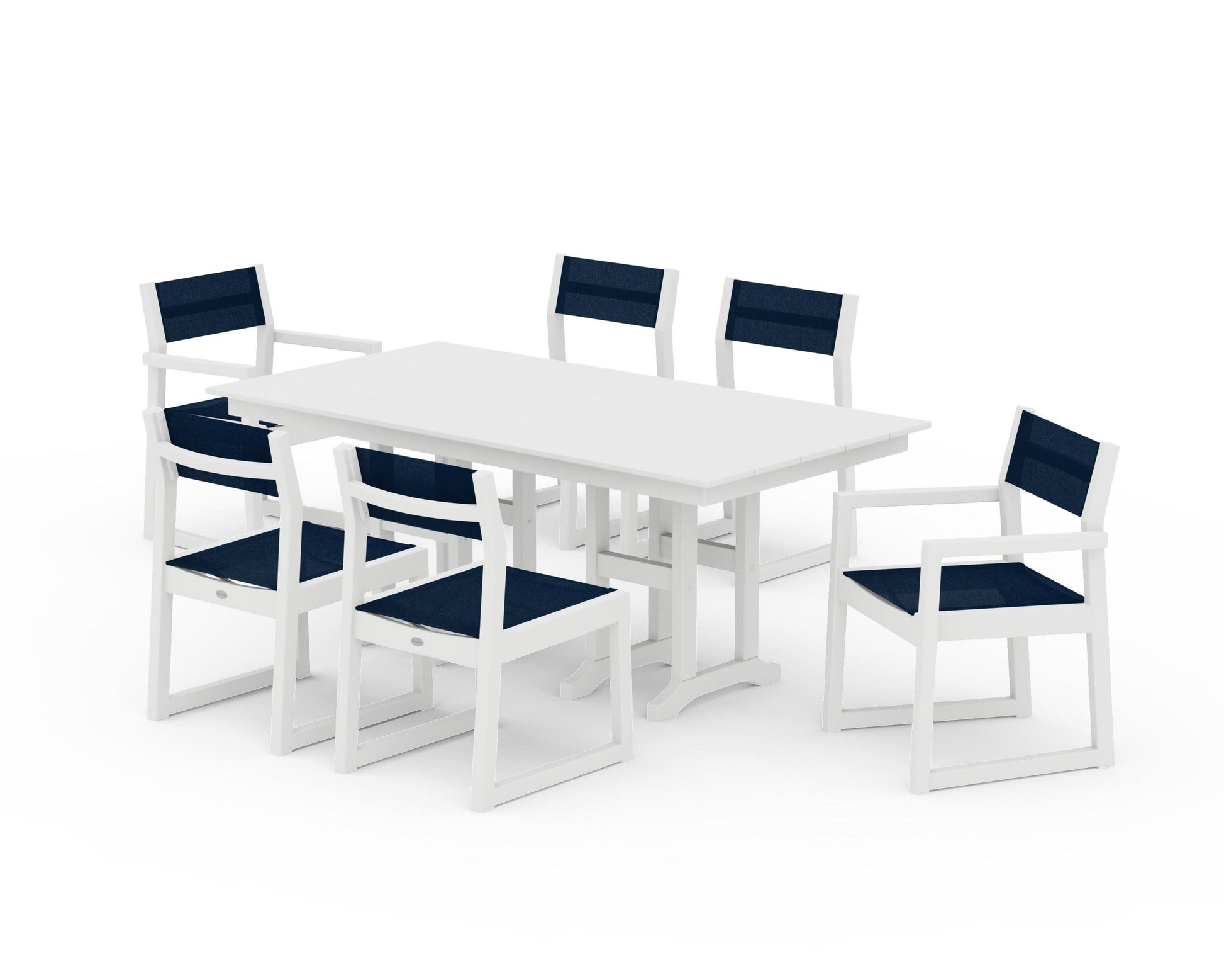POLYWOOD EDGE Sling 7-Piece Farmhouse Dining Set — White / Navy Blue Sling