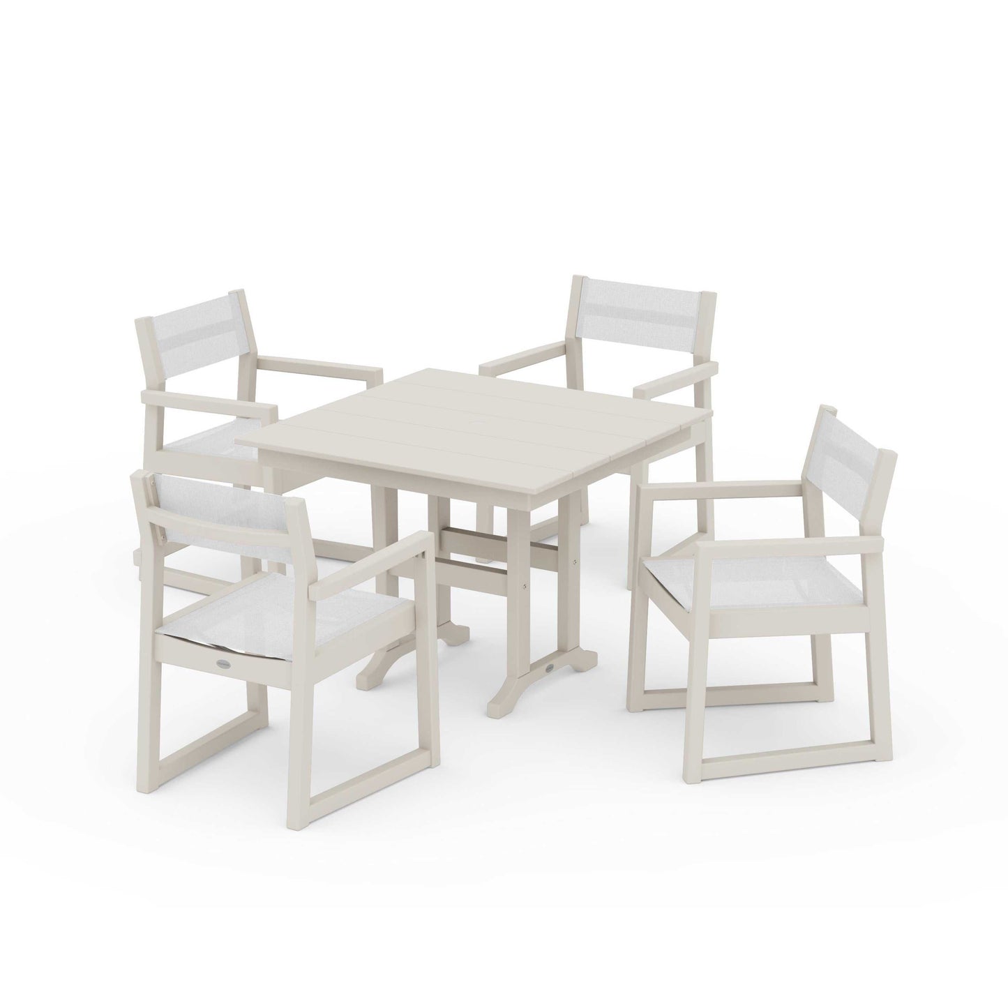 POLYWOOD EDGE Sling Arm Chair 5-Piece Farmhouse Dining Set — Sand / White Sling
