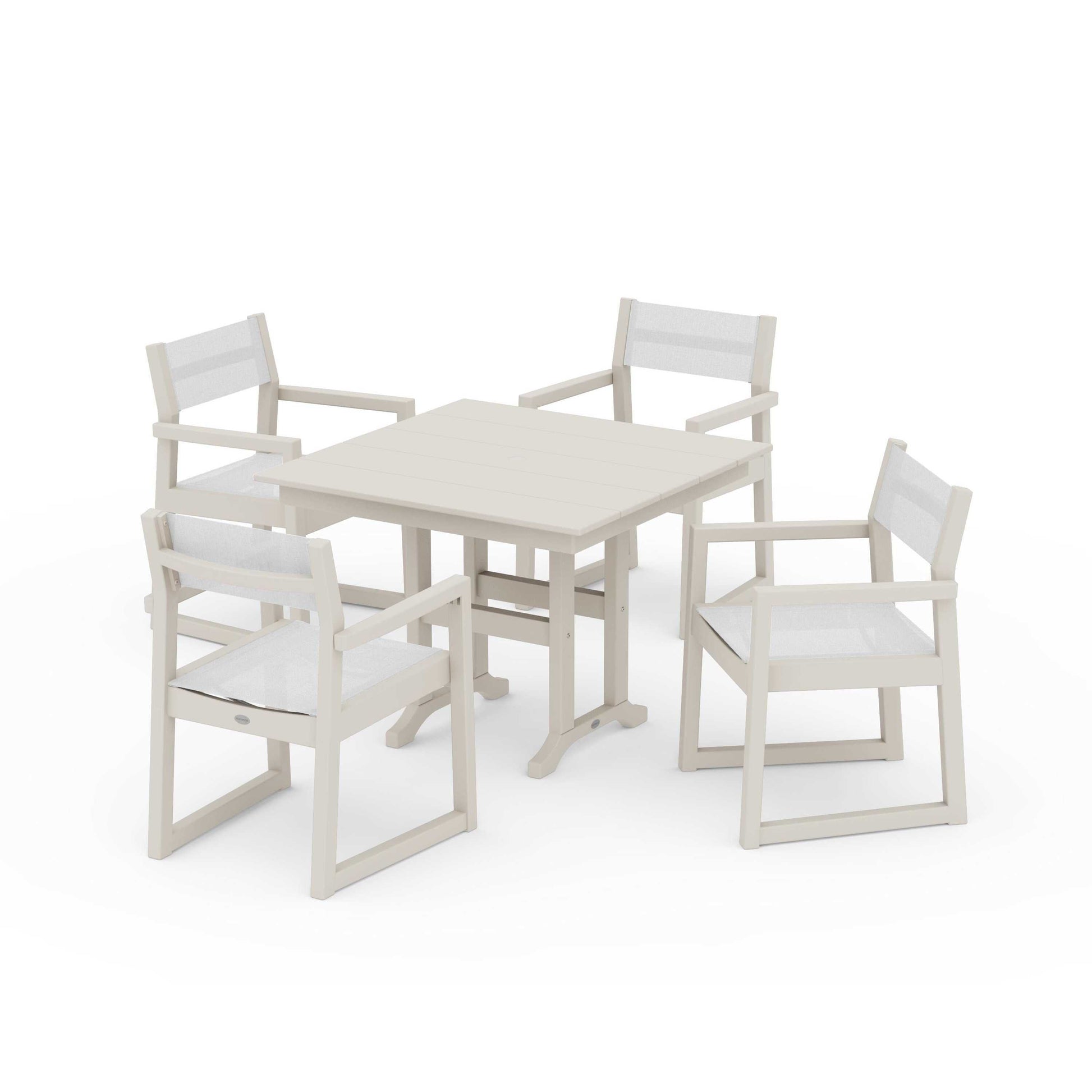 POLYWOOD EDGE Sling Arm Chair 5-Piece Farmhouse Dining Set — Sand / White Sling