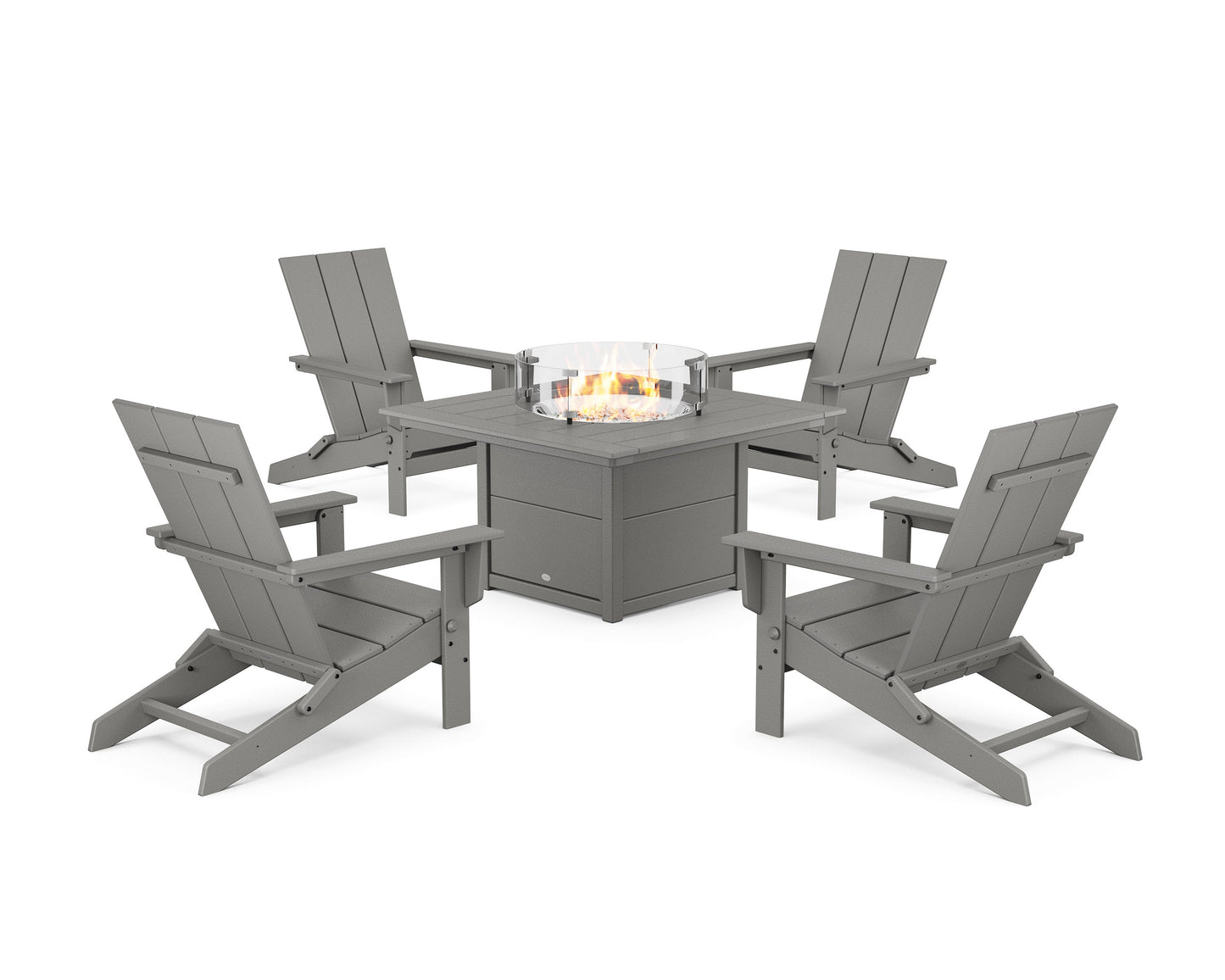 POLYWOOD 5-Piece Modern Studio Folding Adirondack Conversation Set with Fire Pit Table — Slate Grey