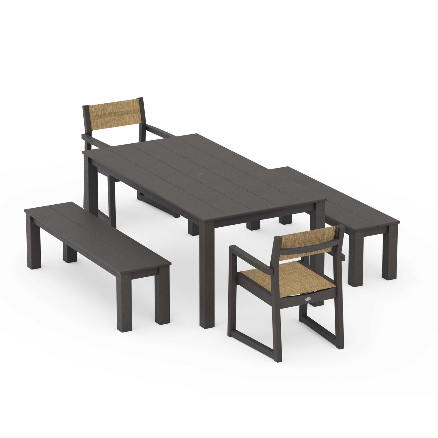 POLYWOOD EDGE Sling Arm Chair 5-Piece Parsons Dining Set with Benches — Vintage Coffee / Burlap Sling