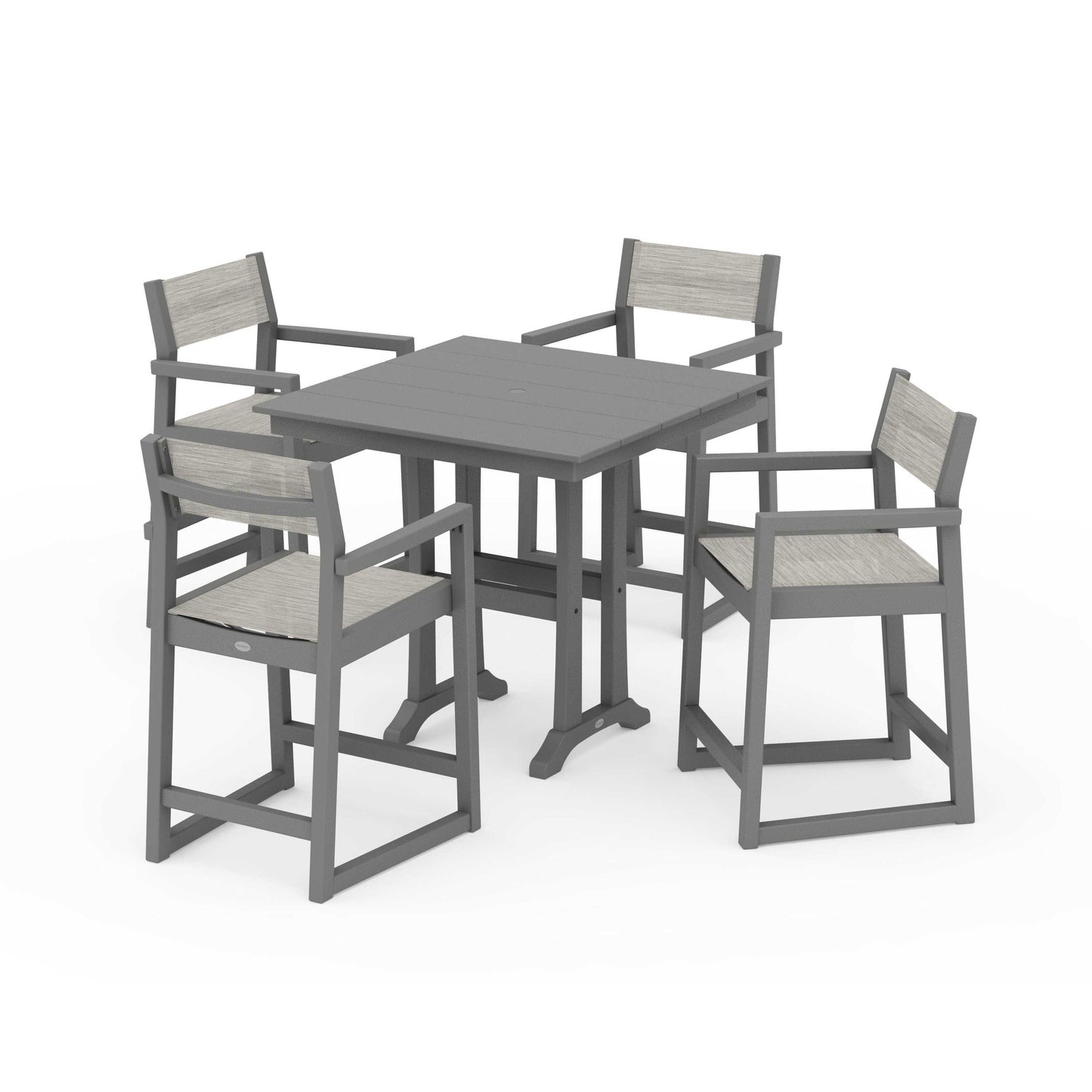 POLYWOOD EDGE Sling Arm Chair 5-Piece Farmhouse Counter Set with Trestle Legs — Slate Grey / Birch Sling