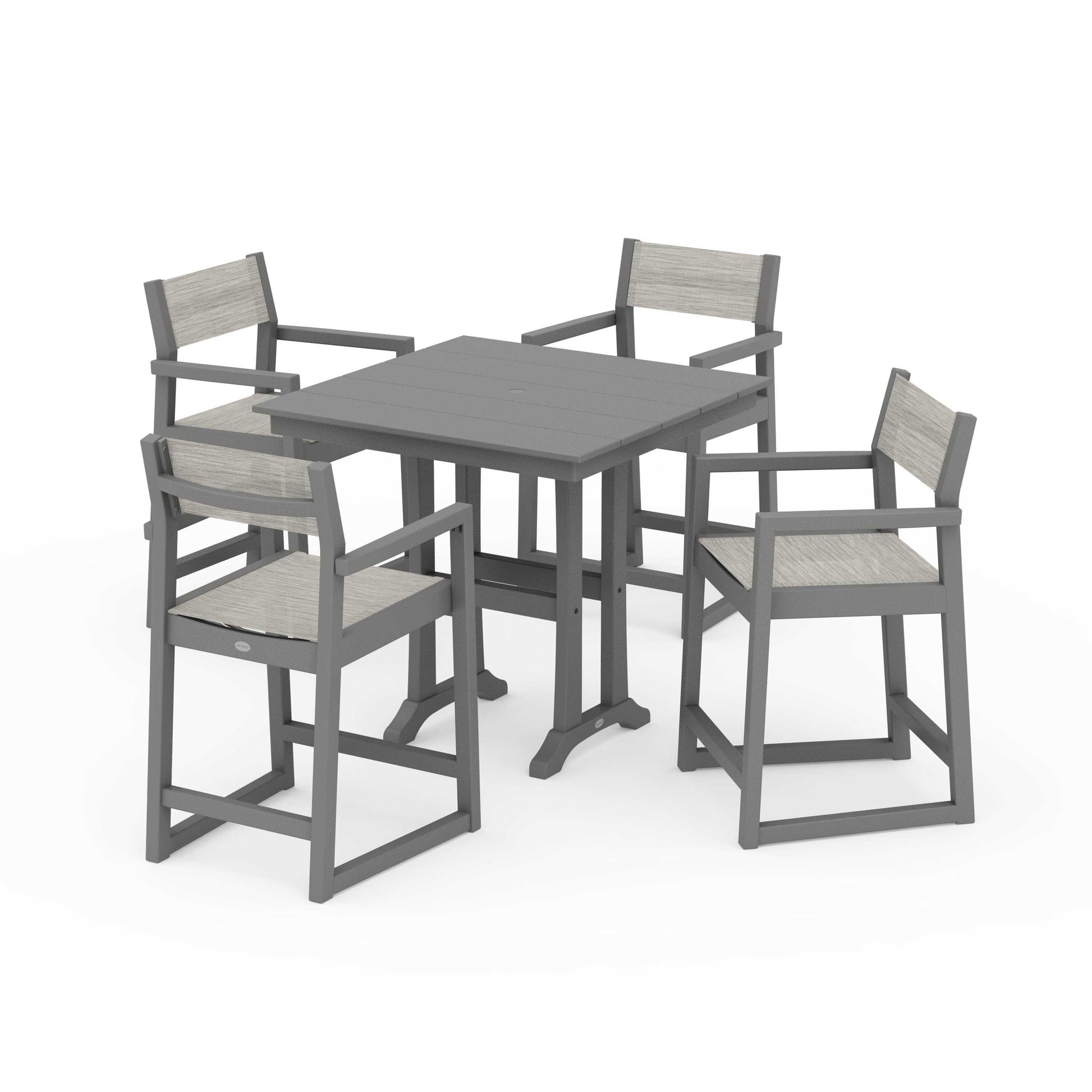 POLYWOOD EDGE Sling Arm Chair 5-Piece Farmhouse Counter Set with Trestle Legs — Slate Grey / Birch Sling