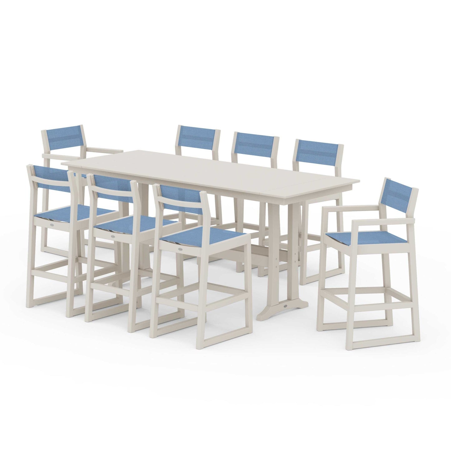 POLYWOOD EDGE Sling 9-Piece Farmhouse Bar Set with Trestle Legs — Sand / Poolside Sling