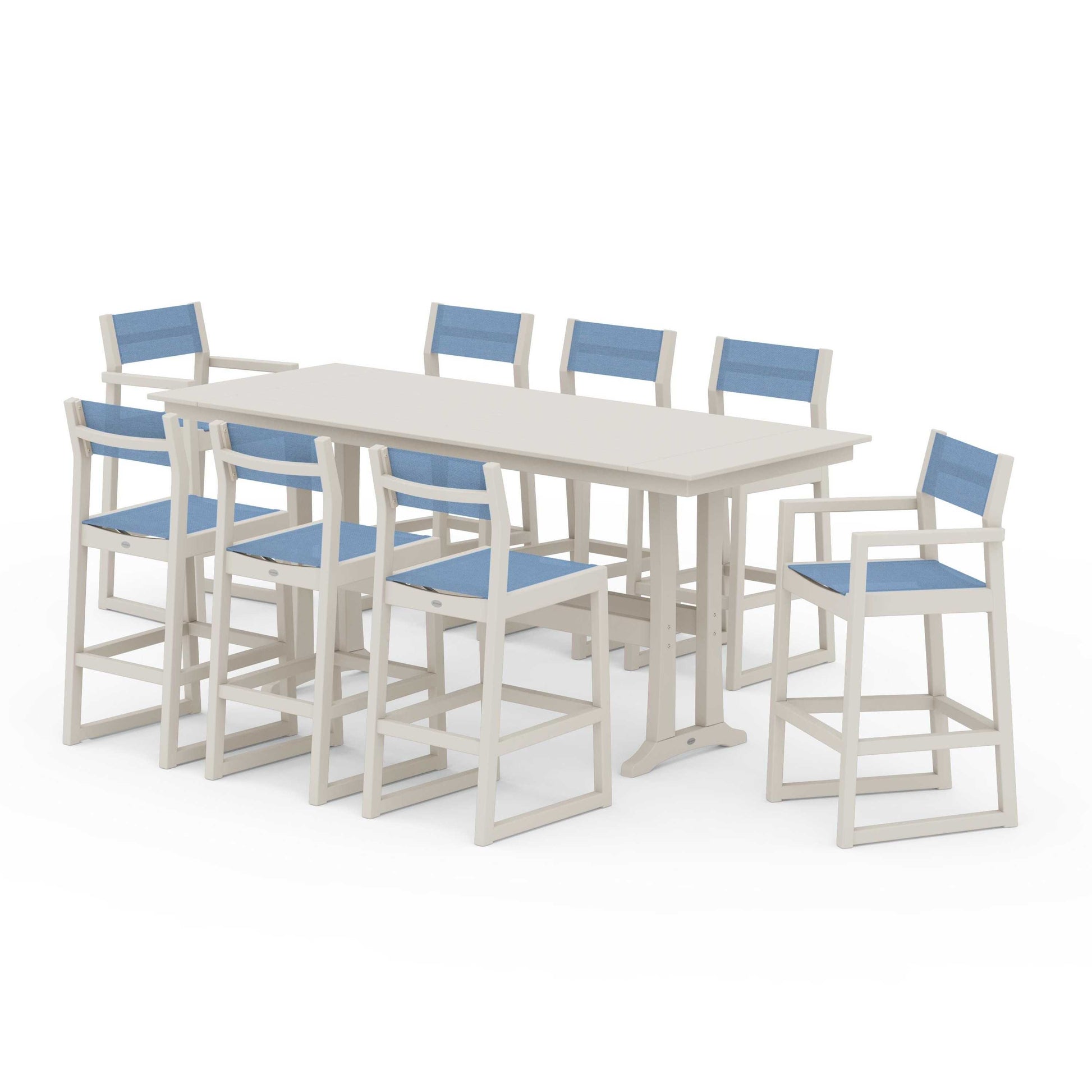 POLYWOOD EDGE Sling 9-Piece Farmhouse Bar Set with Trestle Legs — Sand / Poolside Sling