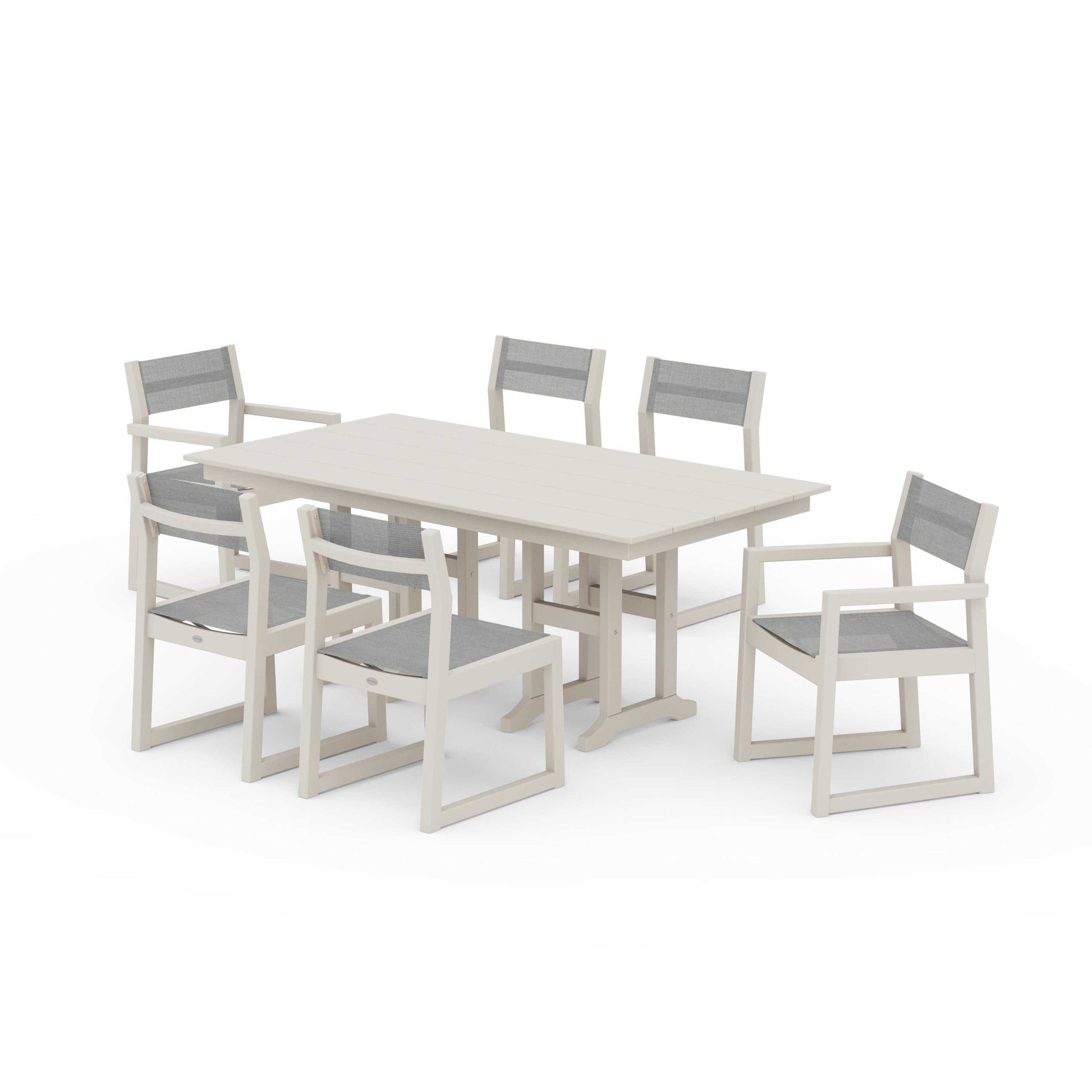 POLYWOOD EDGE Sling 7-Piece Farmhouse Dining Set — Sand / Metallic Sling