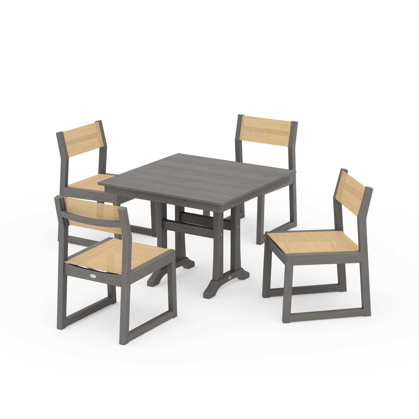 POLYWOOD EDGE Sling 5-Piece Farmhouse Trestle Side Chair Dining Set — Driftwood / Dupioni Apricot Sling