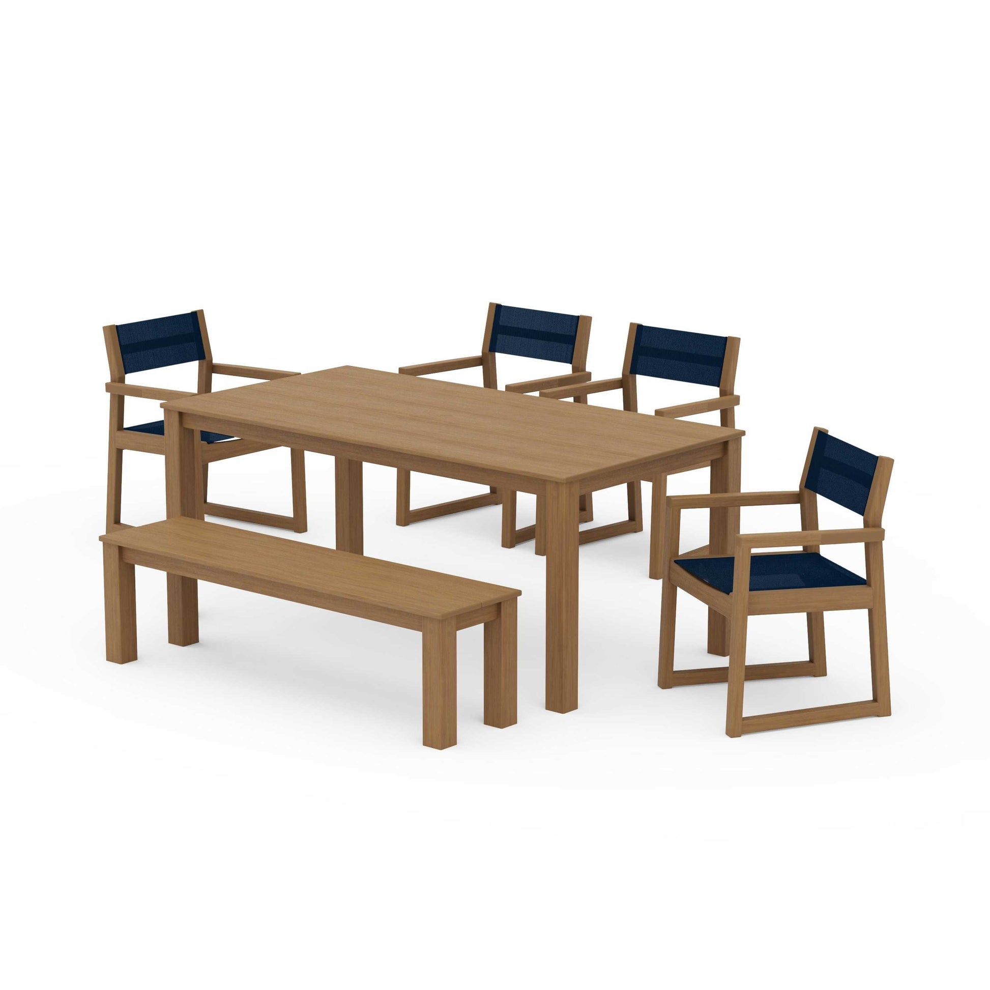 POLYWOOD EDGE Sling Arm Chair 6-Piece Parsons Dining Set with Bench — Natural / Navy Blue Sling