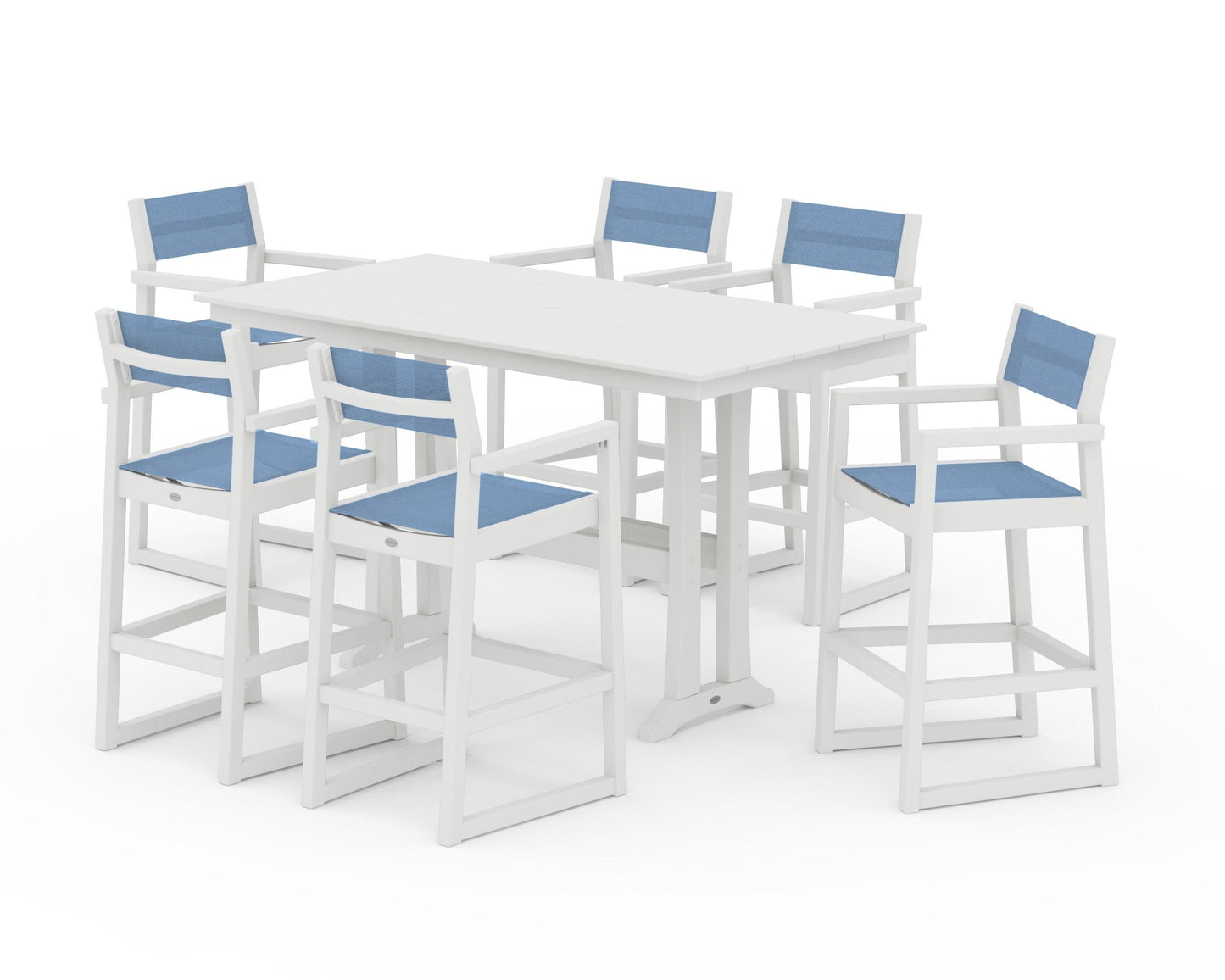 POLYWOOD EDGE Sling Arm Chair 7-Piece Farmhouse Bar Set with Trestle Legs — Vintage White / Poolside Sling