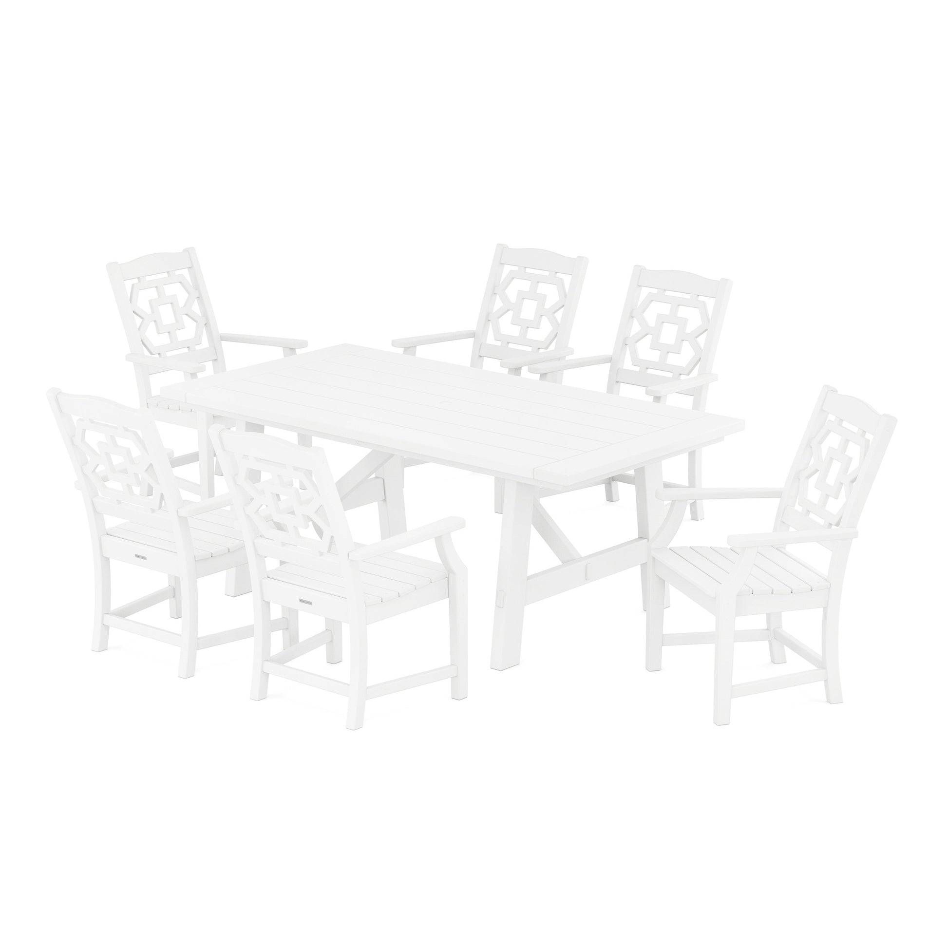 POLYWOOD Chinoiserie Arm Chair 7-Piece Rustic Farmhouse Dining Set — White
