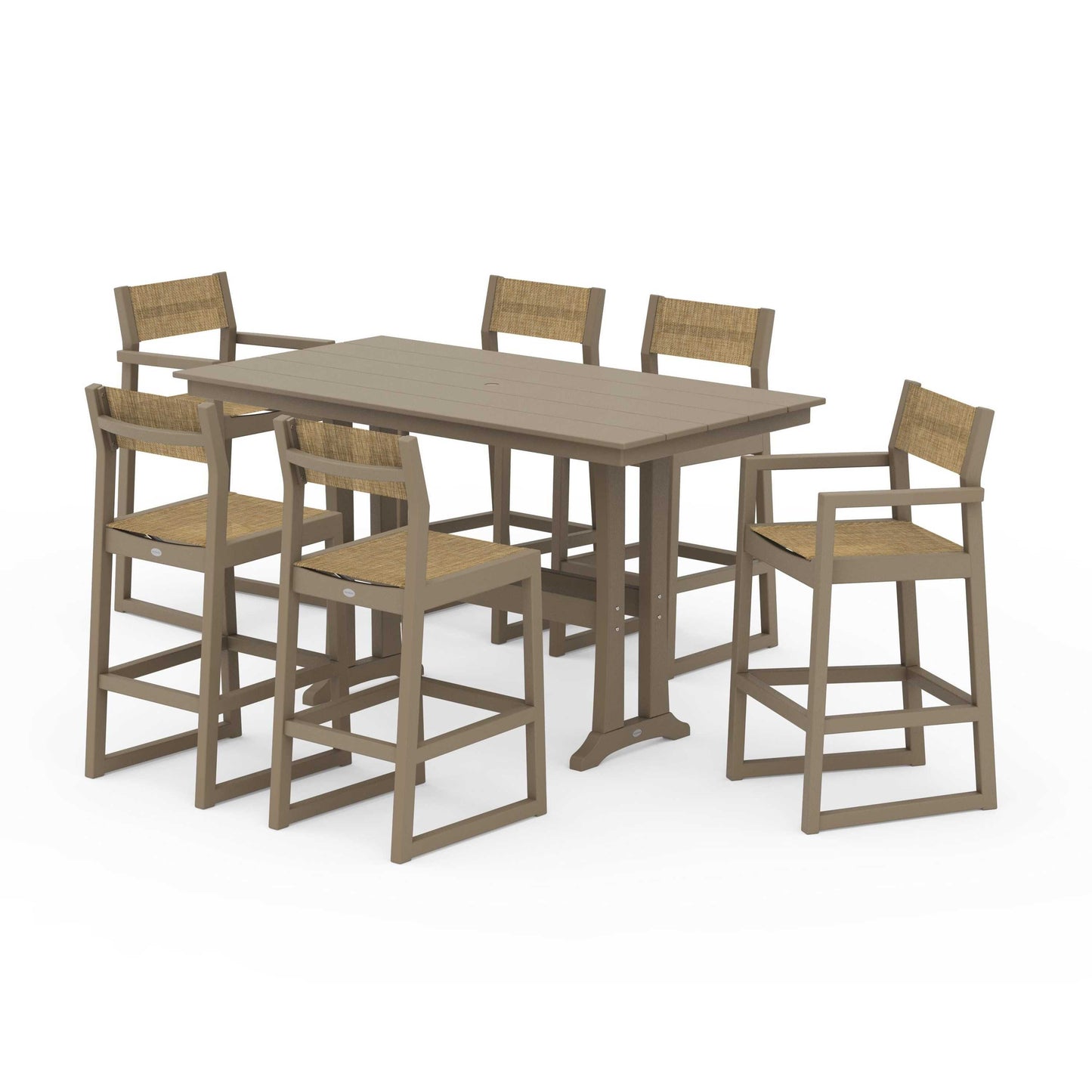 POLYWOOD EDGE Sling 7-Piece Farmhouse Bar Set with Trestle Legs — Vintage Sahara / Burlap Sling