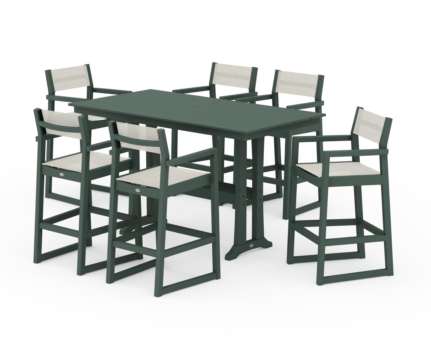 POLYWOOD EDGE Sling Arm Chair 7-Piece Farmhouse Bar Set with Trestle Legs — Green / Parchment Sling