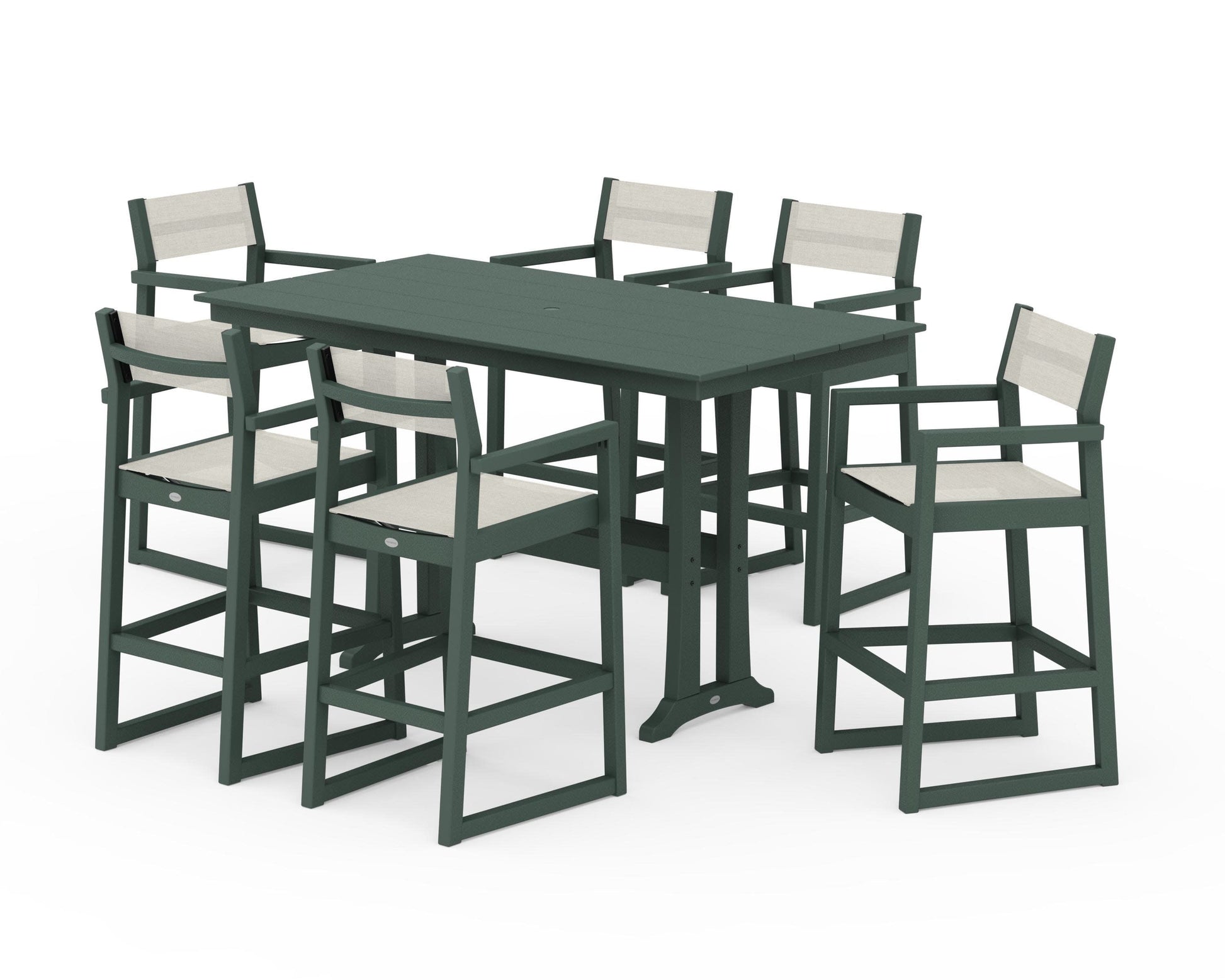 POLYWOOD EDGE Sling Arm Chair 7-Piece Farmhouse Bar Set with Trestle Legs — Green / Parchment Sling