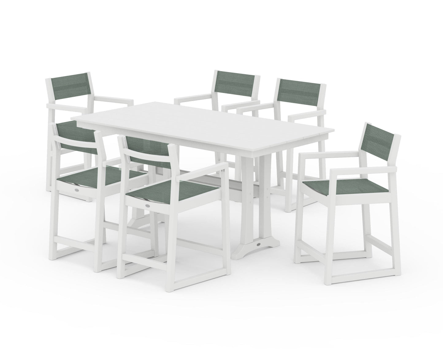 POLYWOOD EDGE Sling Arm Chair 7-Piece Farmhouse Counter Set with Trestle Legs — White / Dupioni Sea Mist Sling