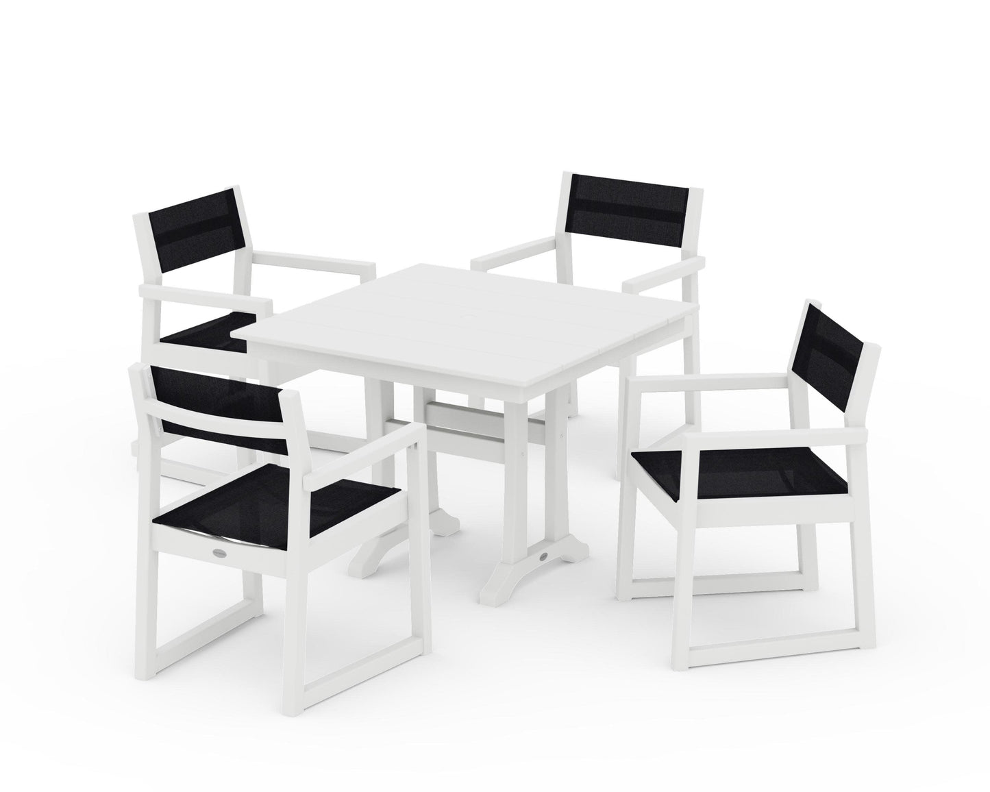 POLYWOOD EDGE Sling 5-Piece Farmhouse Dining Set with Trestle Legs — White / Black Sling