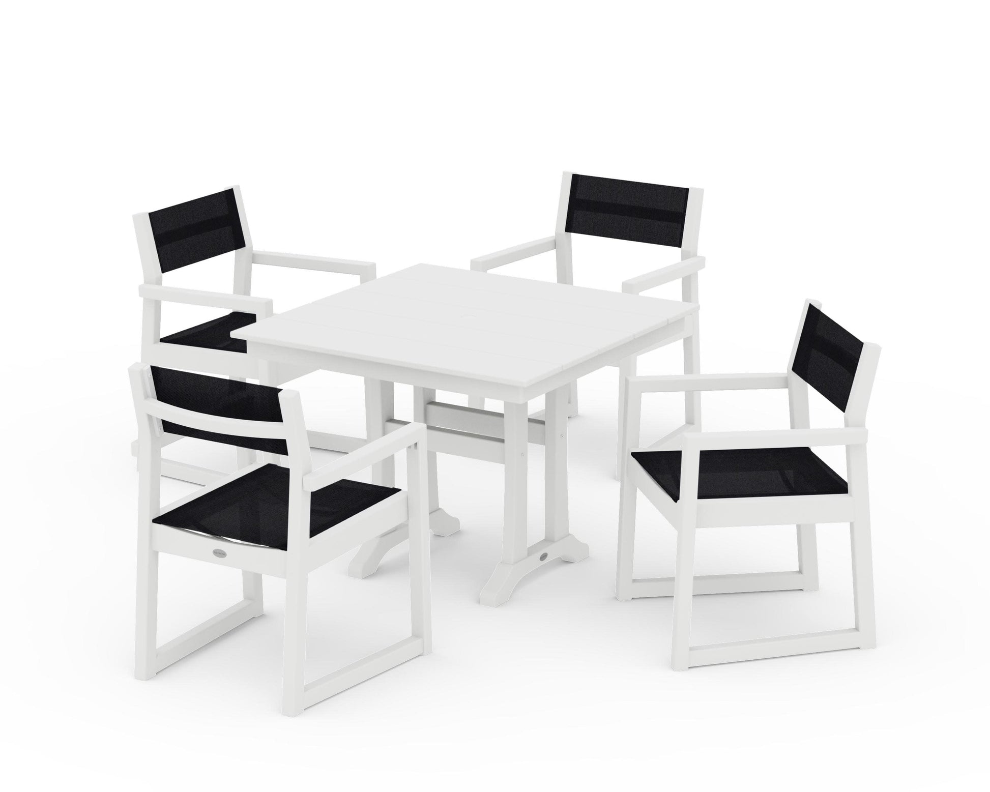 POLYWOOD EDGE Sling 5-Piece Farmhouse Dining Set with Trestle Legs — White / Black Sling