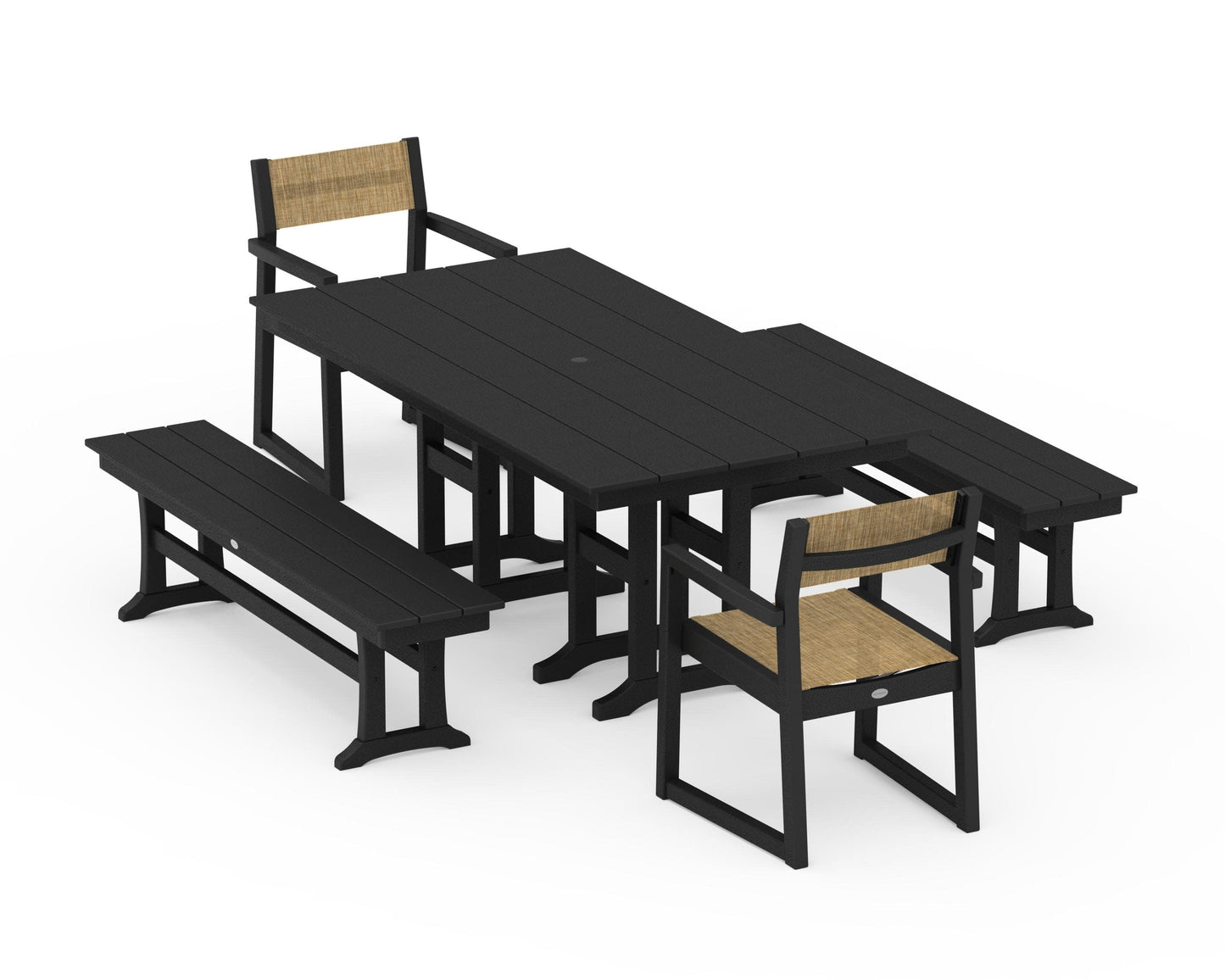 POLYWOOD EDGE Sling Arm Chair 5-Piece Farmhouse Dining Set with Benches — Black / Burlap Sling