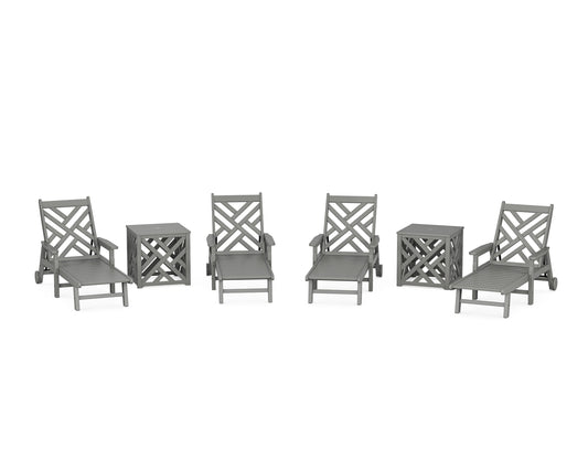 POLYWOOD Chippendale 6-Piece Chaise Set with Umbrella Stand Accent Table — Slate Grey