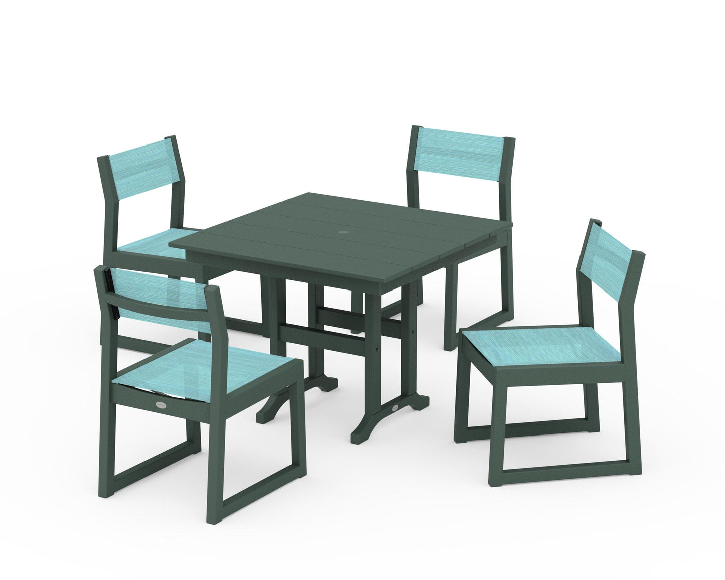 POLYWOOD EDGE Sling Side Chair 5-Piece Farmhouse Dining Set — Green / Dupioni Aquamarine Sling
