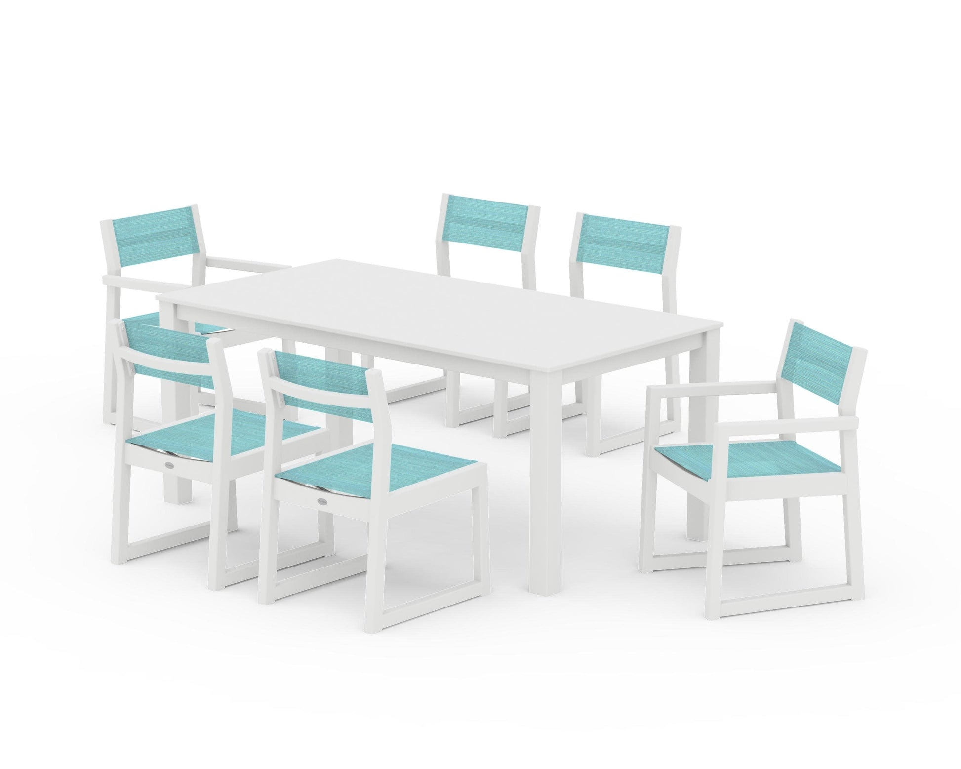 POLYWOOD EDGE Sling 7-Piece Parsons Dining Set — White / Dupioni Aquamarine Sling